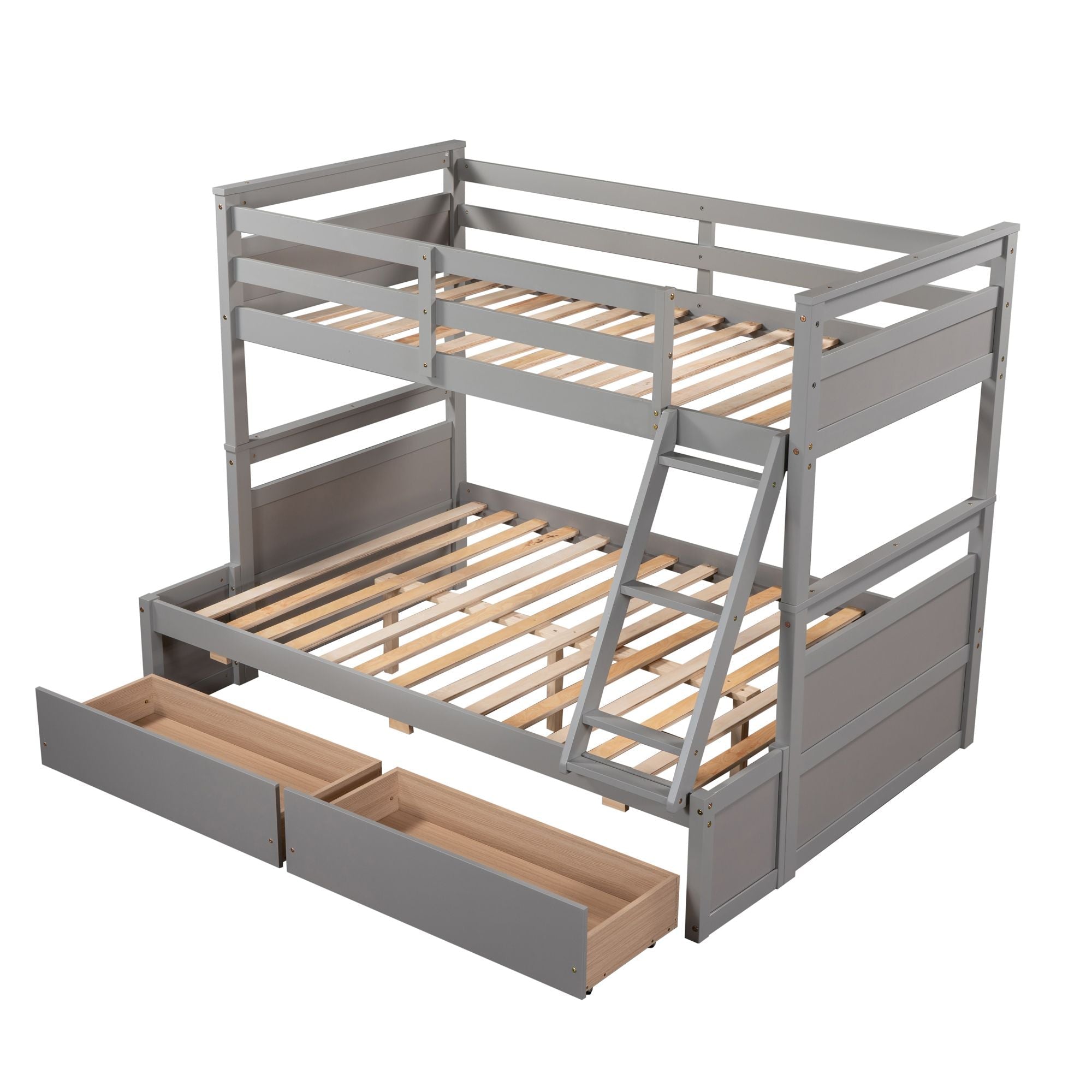 Space-Saving Twin Over Full Wood Bunk Bed with Storage Drawers, White Gray Espresso | Just Better Bunk Beds