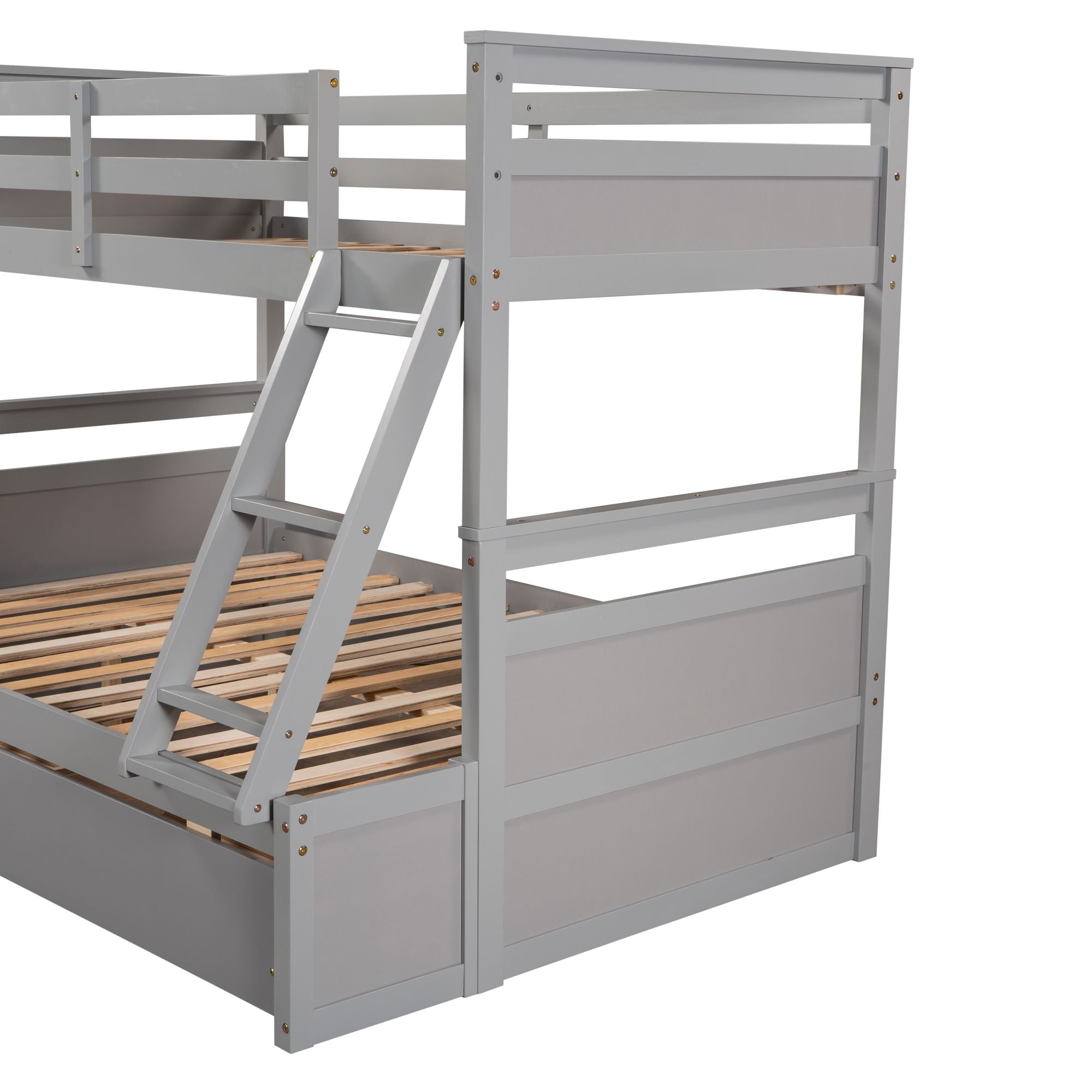 Space-Saving Twin Over Full Wood Bunk Bed with Storage Drawers, White Gray Espresso | Just Better Bunk Beds