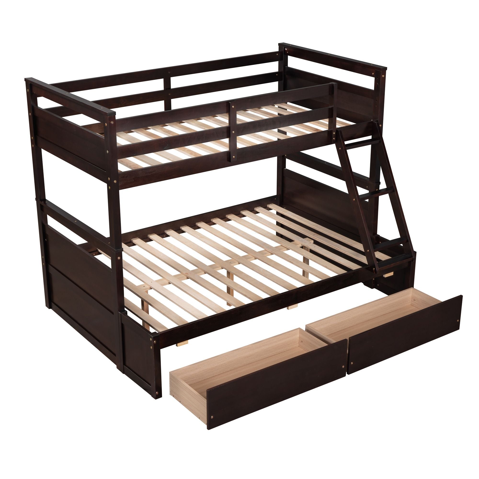 Space-Saving Twin Over Full Wood Bunk Bed with Storage Drawers, White Gray Espresso | Just Better Bunk Beds