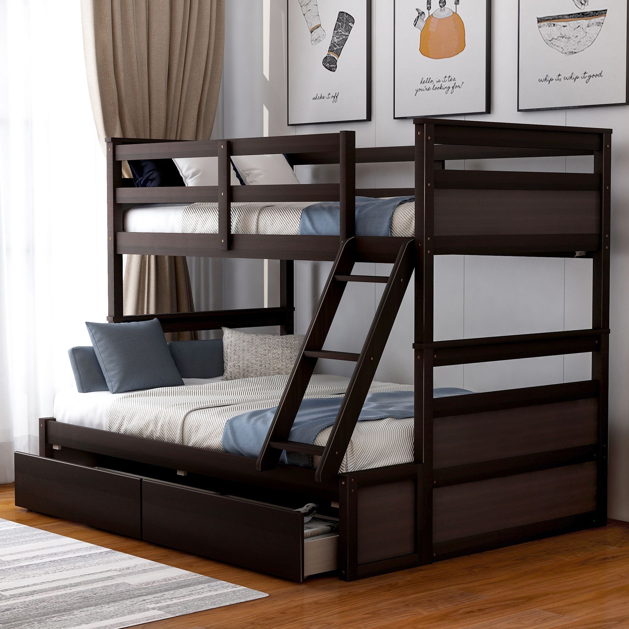 Space-Saving Twin Over Full Wood Bunk Bed with Storage Drawers, White Gray Espresso | Just Better Bunk Beds