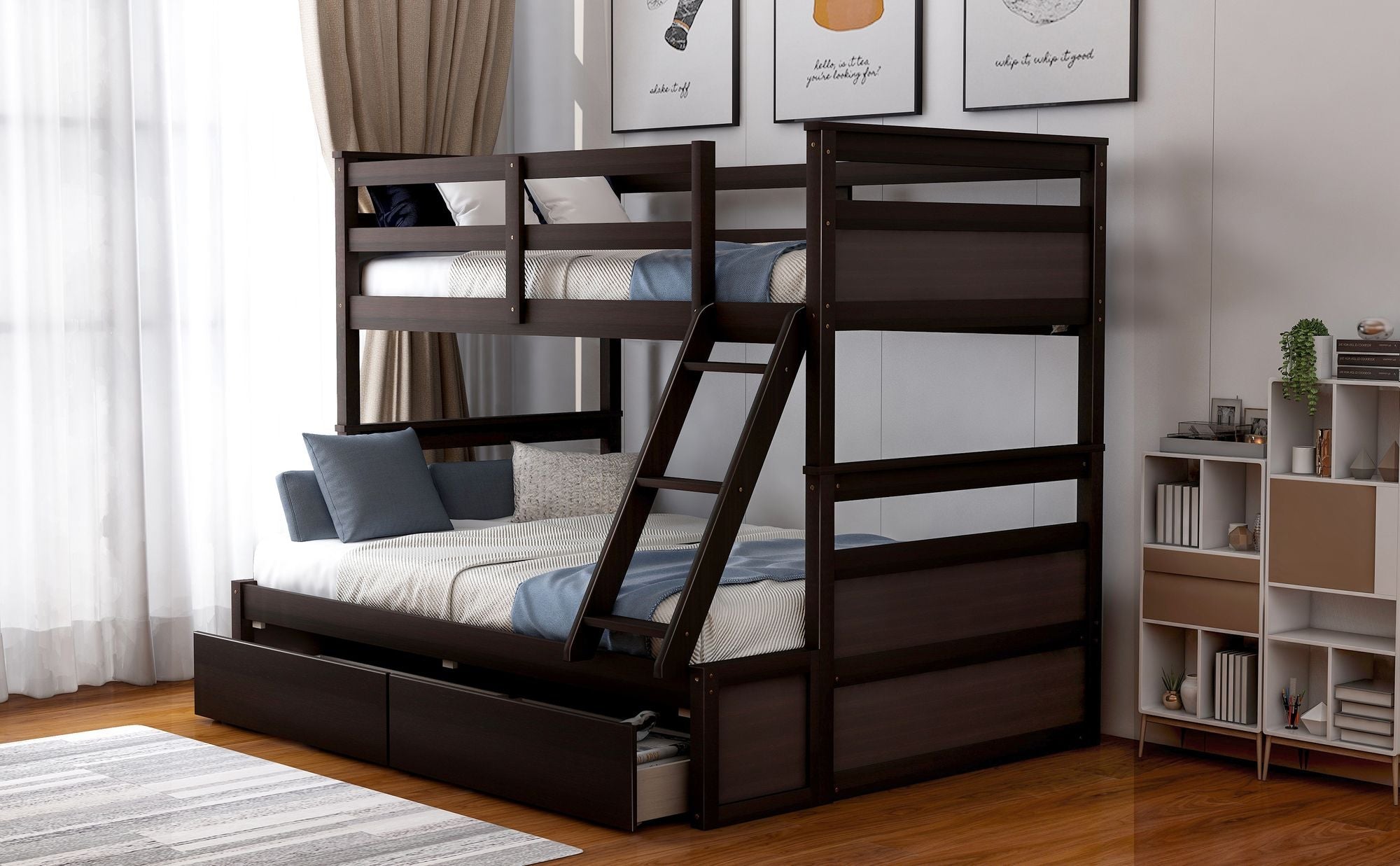 Space-Saving Twin Over Full Wood Bunk Bed with Storage Drawers, White Gray Espresso | Just Better Bunk Beds