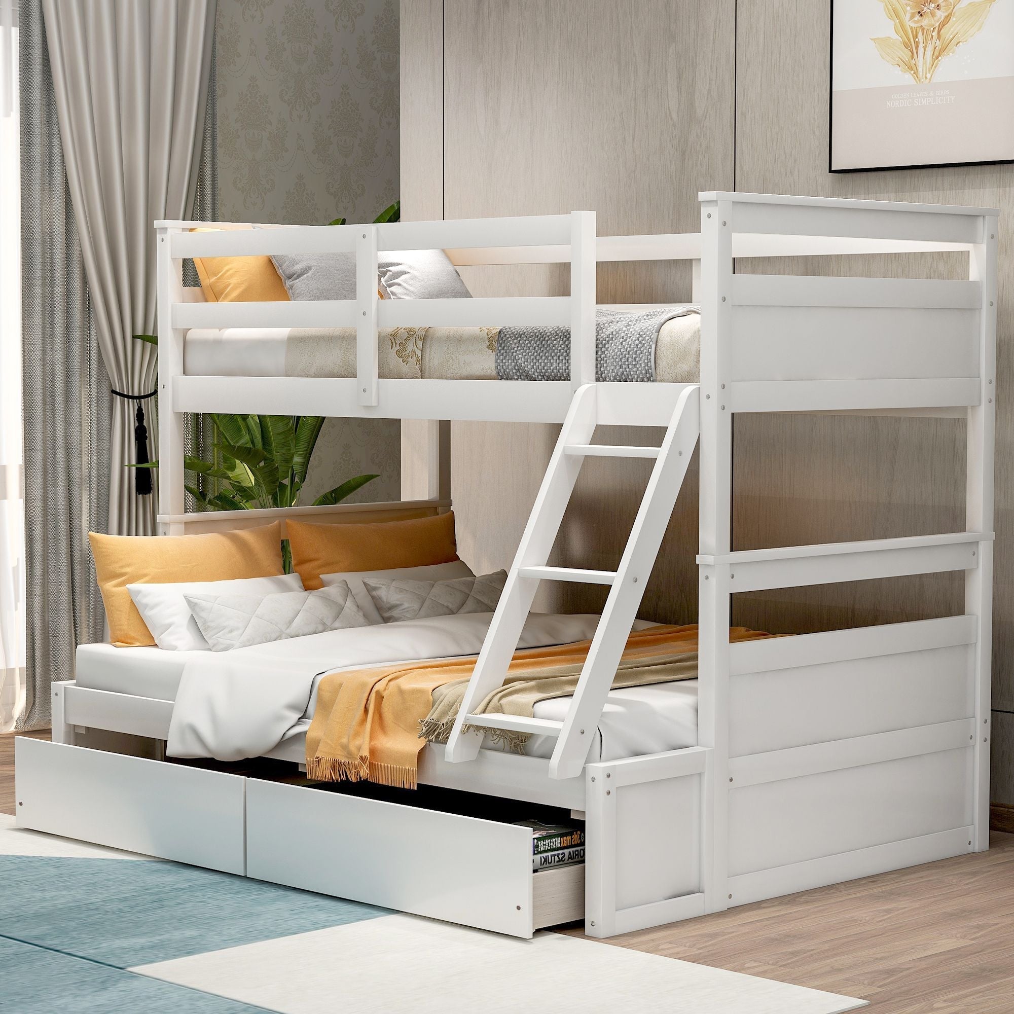 Space-Saving Twin Over Full Wood Bunk Bed with Storage Drawers, White Gray Espresso | Just Better Bunk Beds