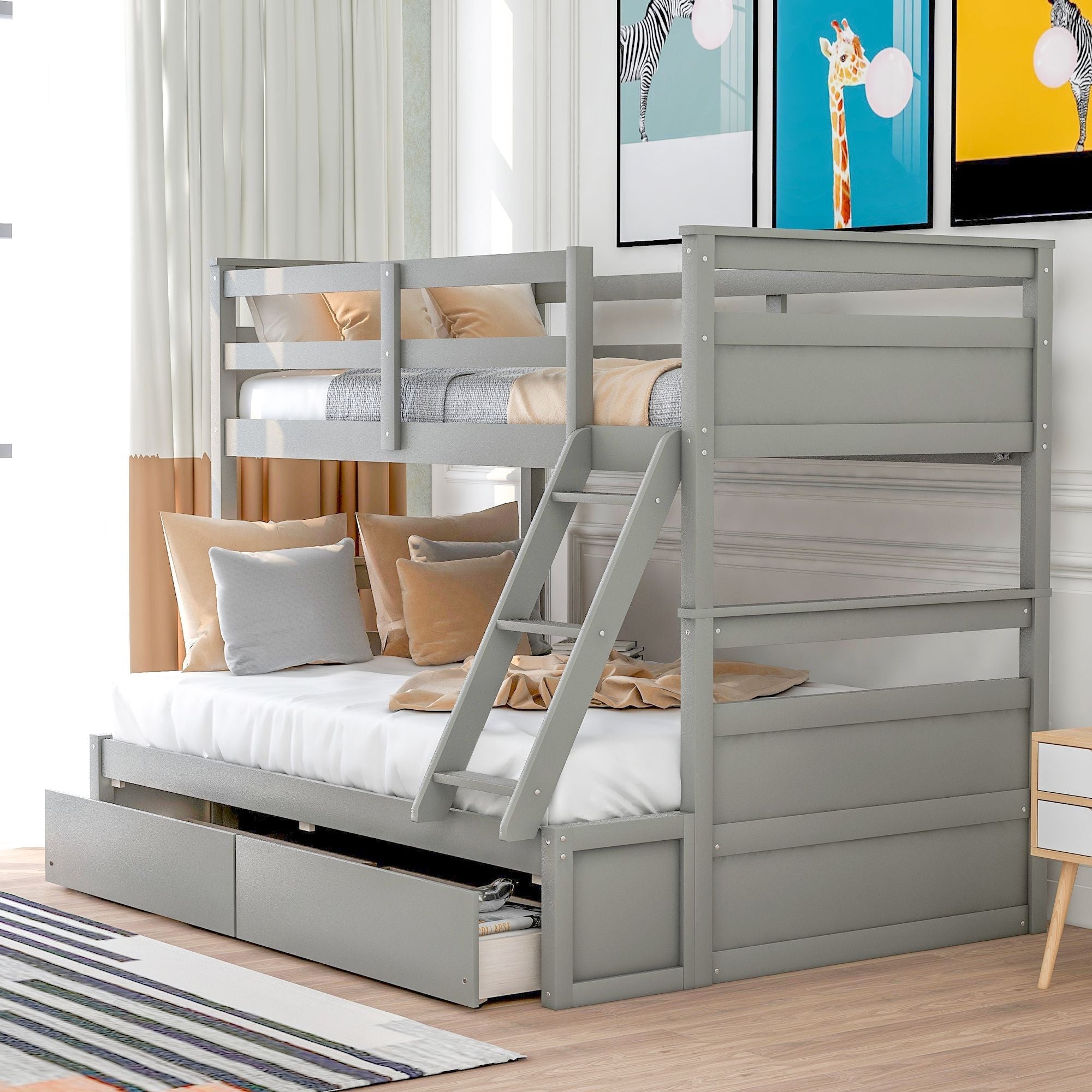 Space-Saving Twin Over Full Wood Bunk Bed with Storage Drawers, White Gray Espresso | Just Better Bunk Beds
