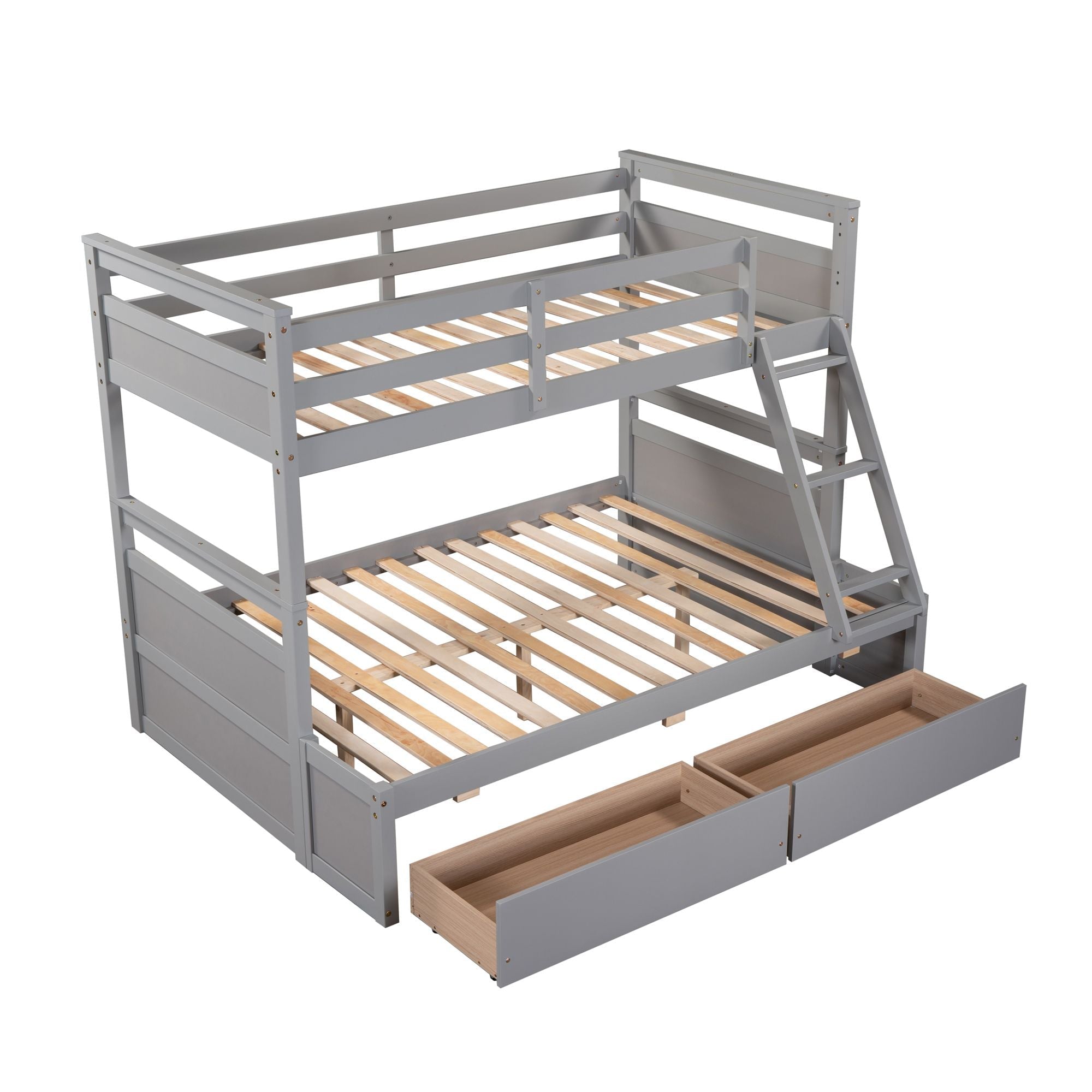Space-Saving Twin Over Full Wood Bunk Bed with Storage Drawers, White Gray Espresso | Just Better Bunk Beds
