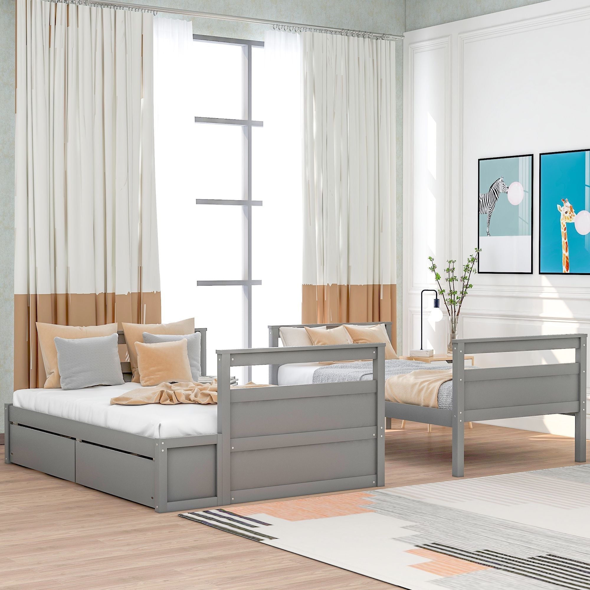 Space-Saving Twin Over Full Wood Bunk Bed with Storage Drawers, White Gray Espresso | Just Better Bunk Beds