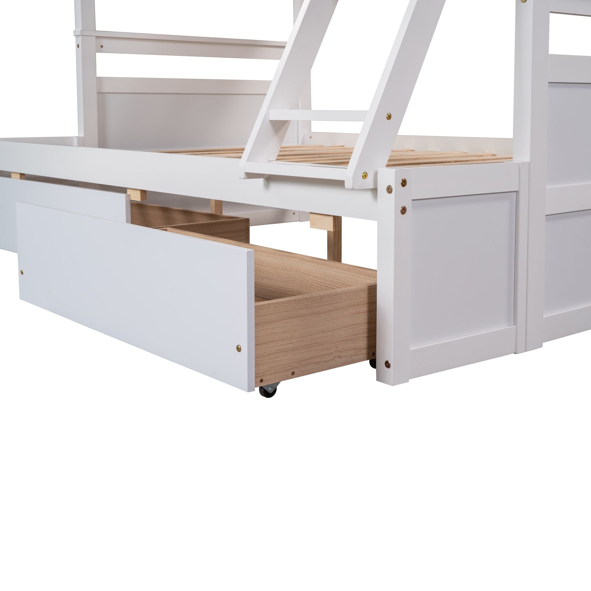 Space-Saving Twin Over Full Wood Bunk Bed with Storage Drawers, White Gray Espresso | Just Better Bunk Beds