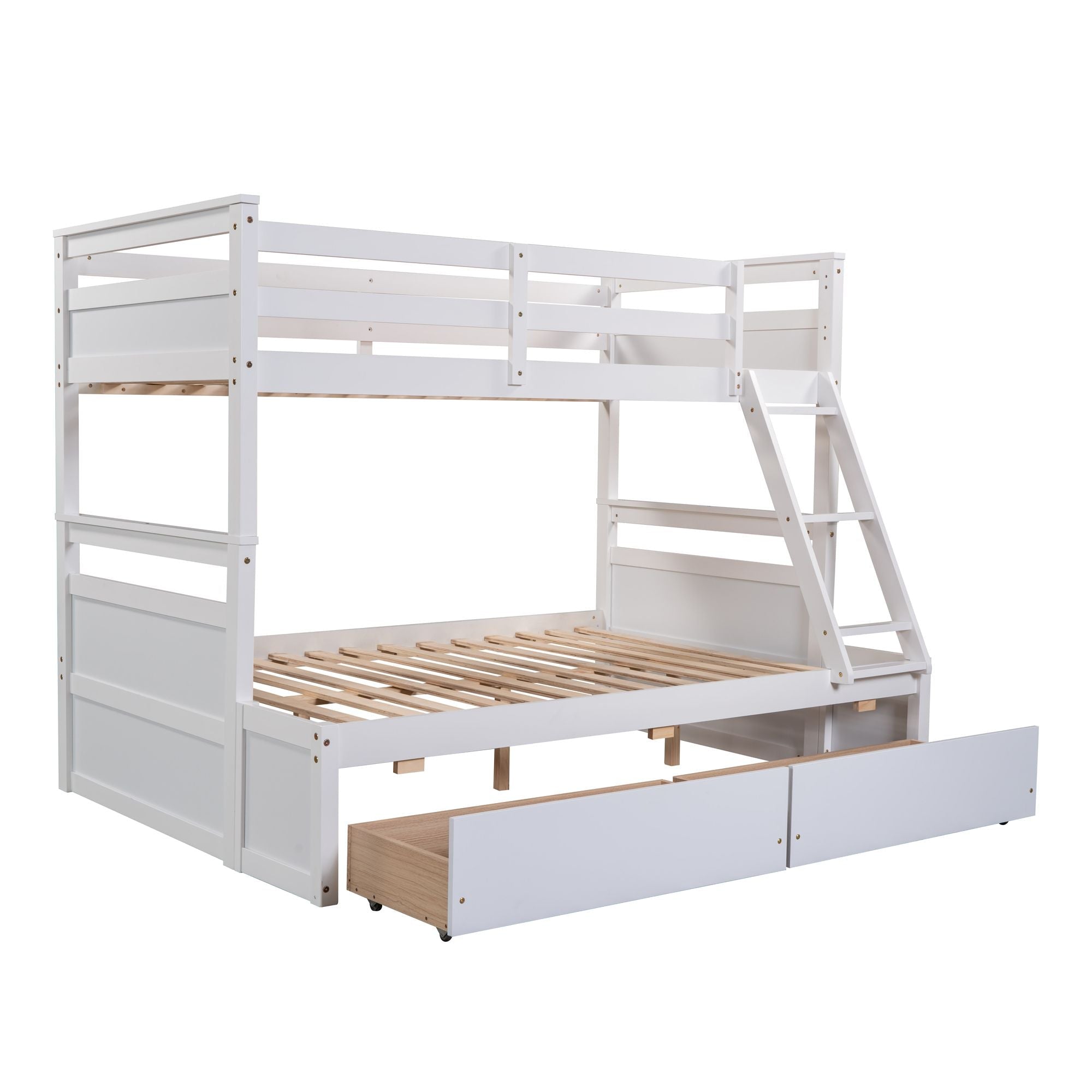 Space-Saving Twin Over Full Wood Bunk Bed with Storage Drawers, White Gray Espresso | Just Better Bunk Beds