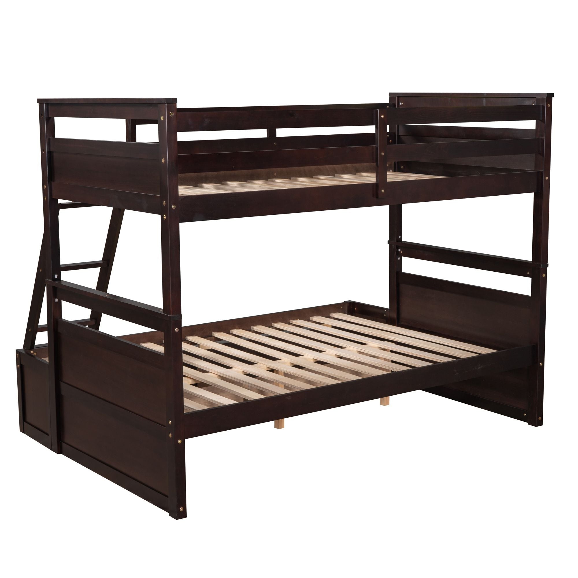 Space-Saving Twin Over Full Wood Bunk Bed with Storage Drawers, White Gray Espresso | Just Better Bunk Beds