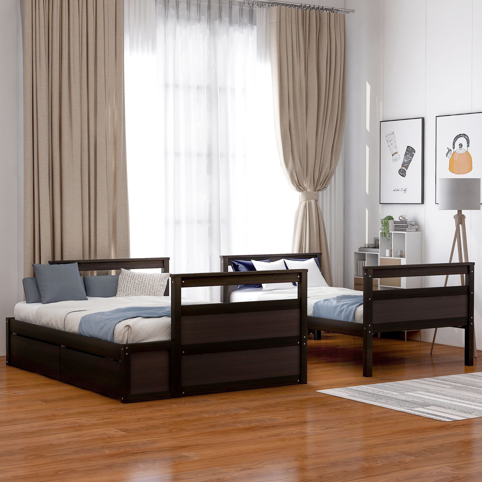 Space-Saving Twin Over Full Wood Bunk Bed with Storage Drawers, White Gray Espresso | Just Better Bunk Beds