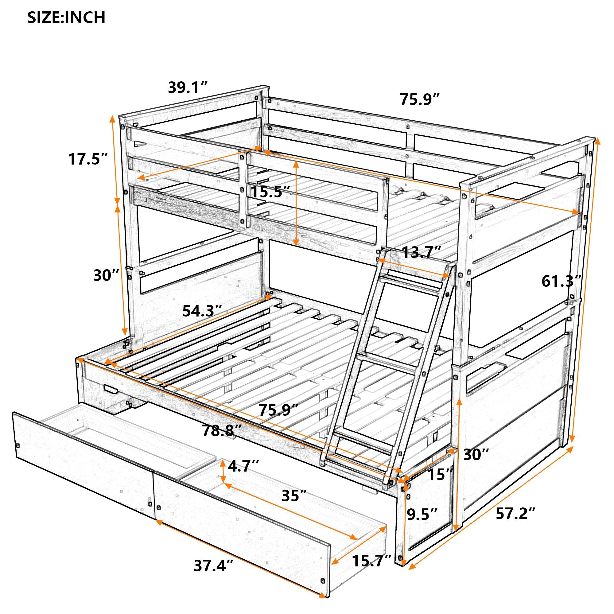 Space-Saving Twin Over Full Wood Bunk Bed with Storage Drawers, White Gray Espresso | Just Better Bunk Beds