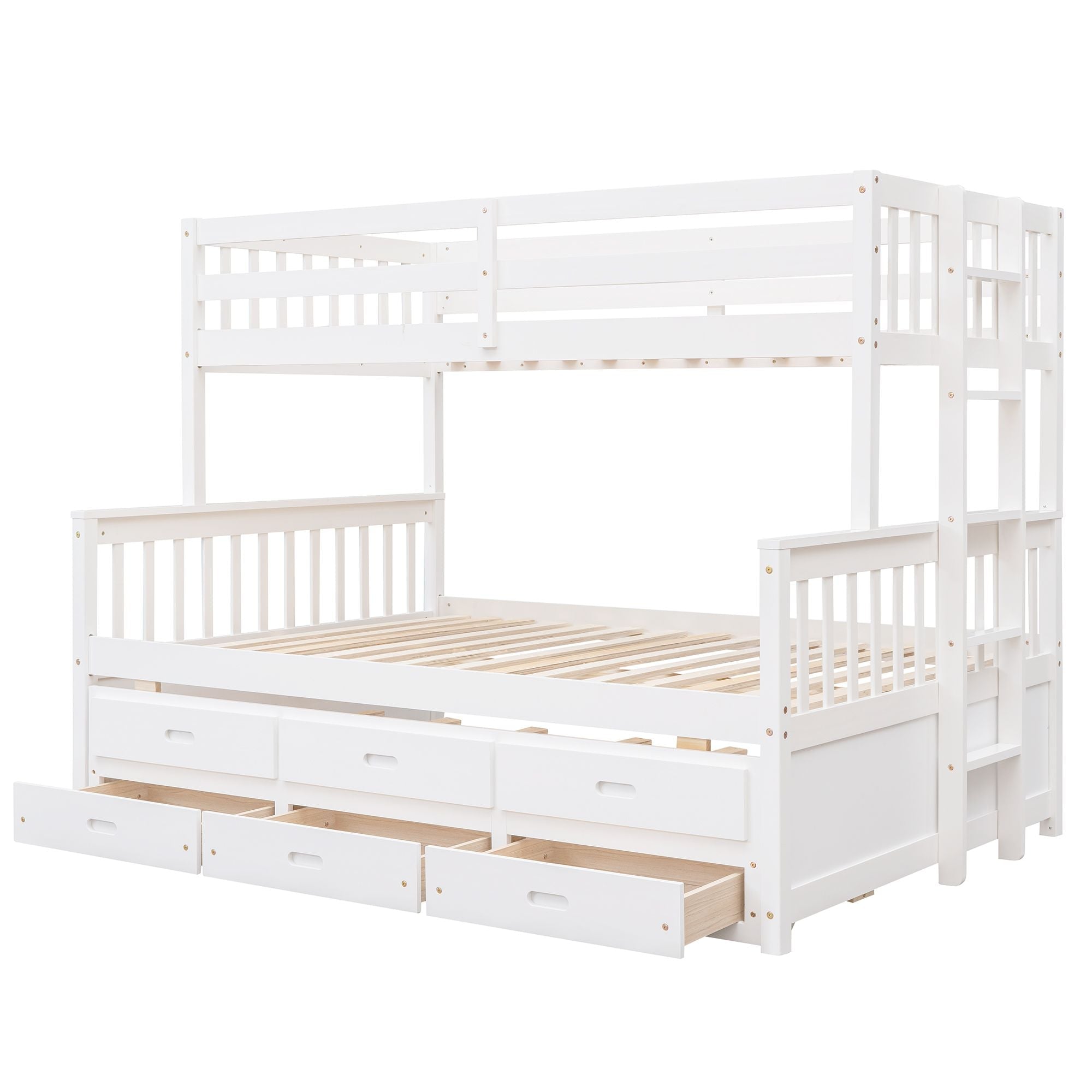 Space-Saving Twin-Over-Full Wood Bunk Bed with Trundle, 3 Drawers, White/Gray/Espresso | Just Better Bunk Beds