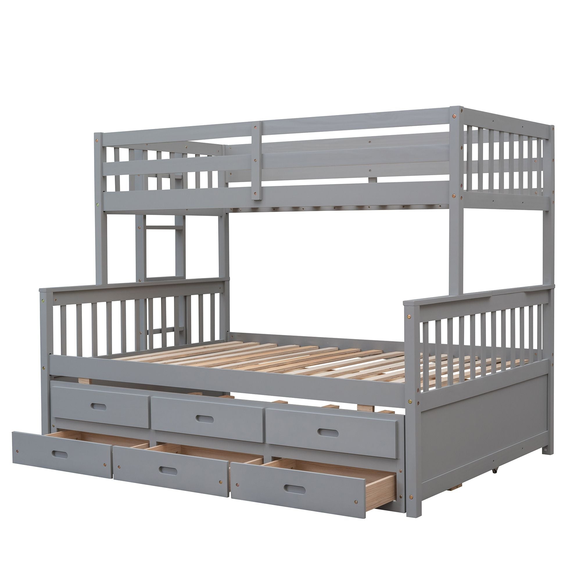 Space-Saving Twin-Over-Full Wood Bunk Bed with Trundle, 3 Drawers, White/Gray/Espresso | Just Better Bunk Beds