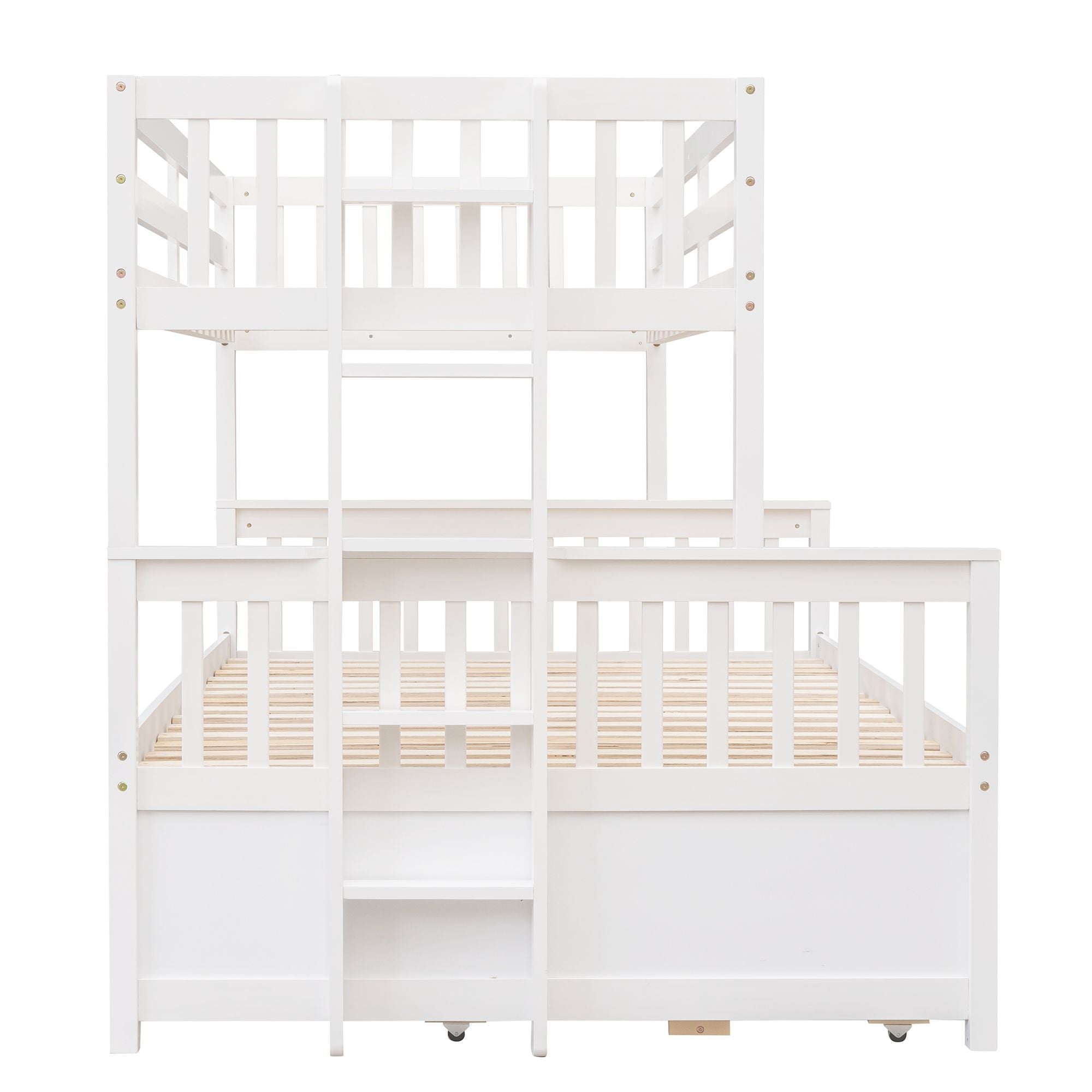 Space-Saving Twin-Over-Full Wood Bunk Bed with Trundle, 3 Drawers, White/Gray/Espresso | Just Better Bunk Beds