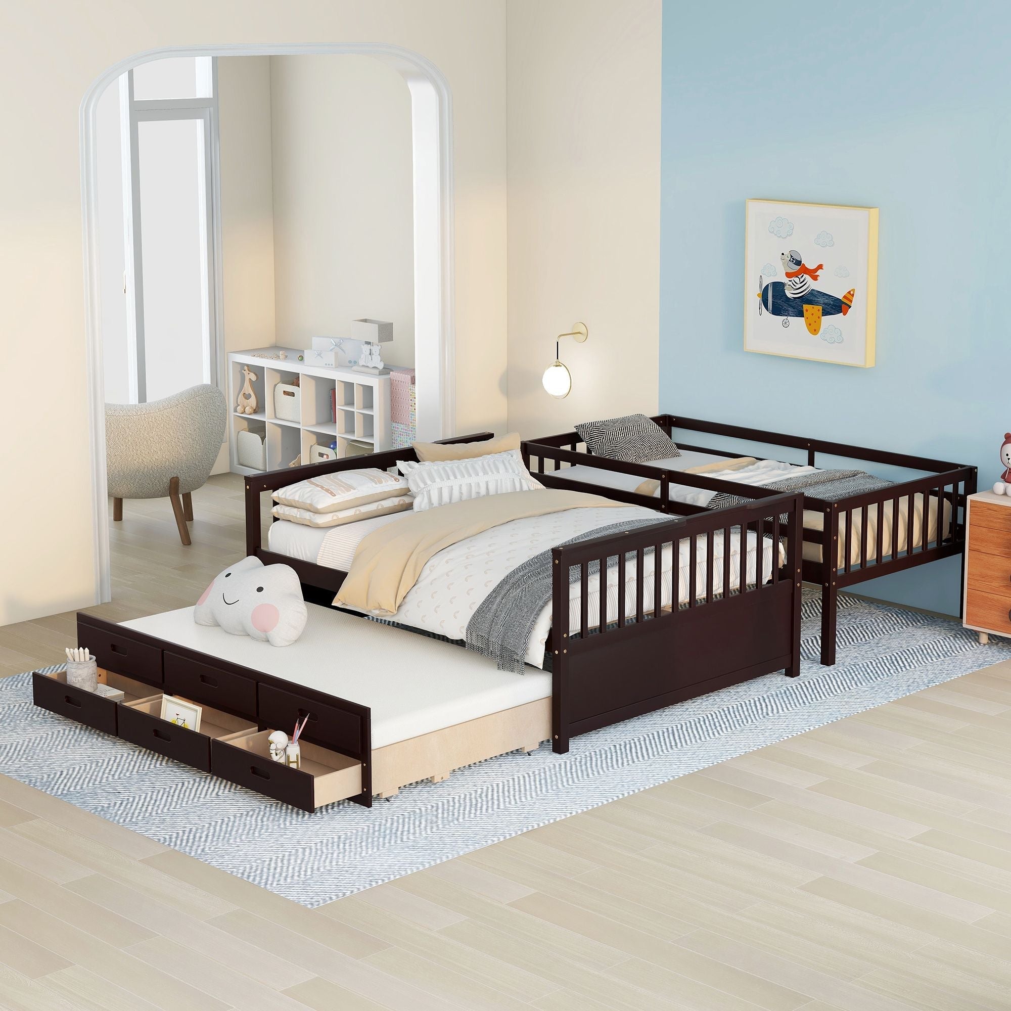 Space-Saving Twin-Over-Full Wood Bunk Bed with Trundle, 3 Drawers, White/Gray/Espresso | Just Better Bunk Beds