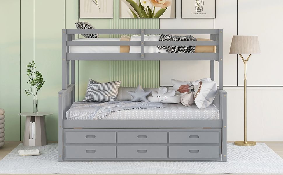 Space-Saving Twin-Over-Full Wood Bunk Bed with Trundle, 3 Drawers, White/Gray/Espresso | Just Better Bunk Beds