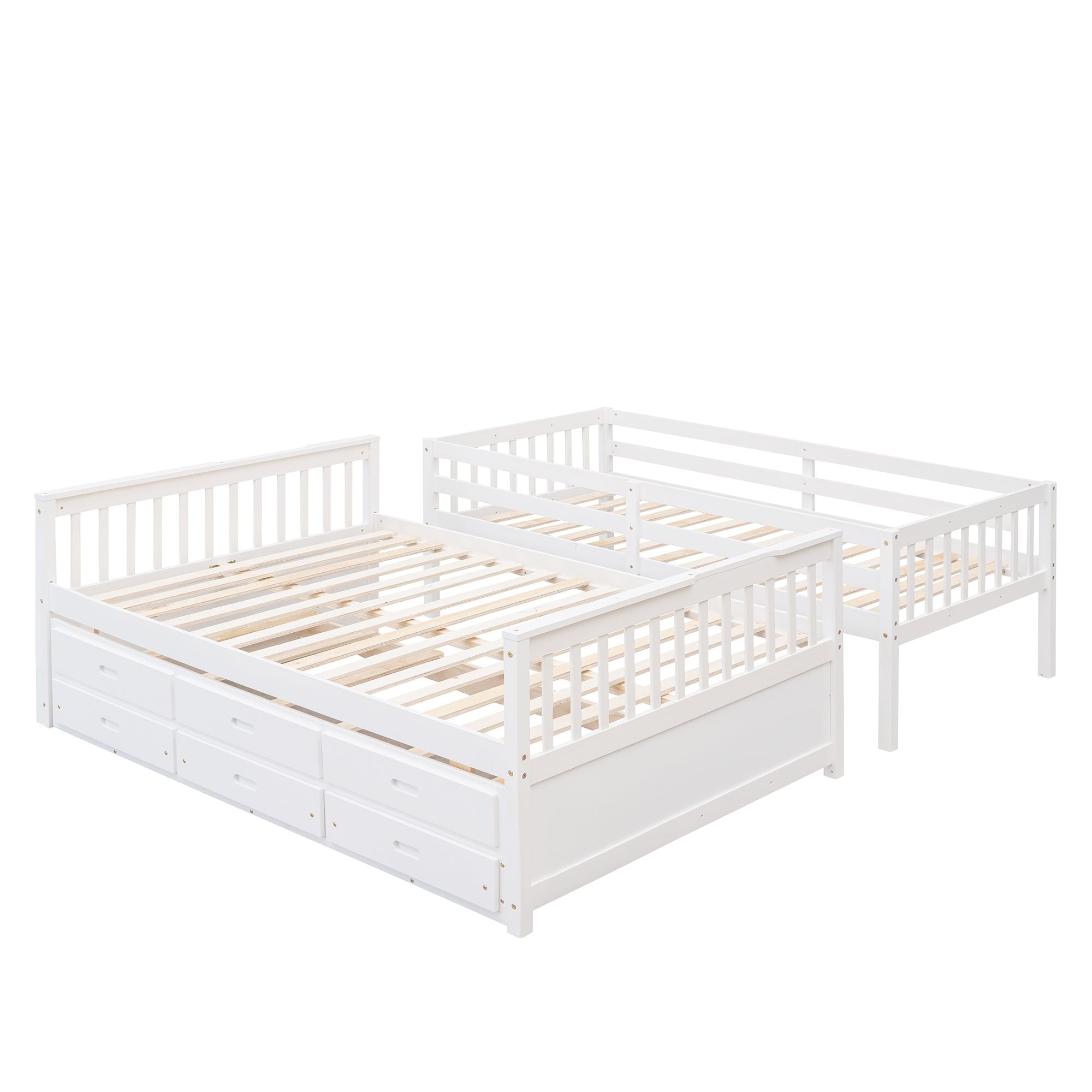 Space-Saving Twin-Over-Full Wood Bunk Bed with Trundle, 3 Drawers, White/Gray/Espresso | Just Better Bunk Beds