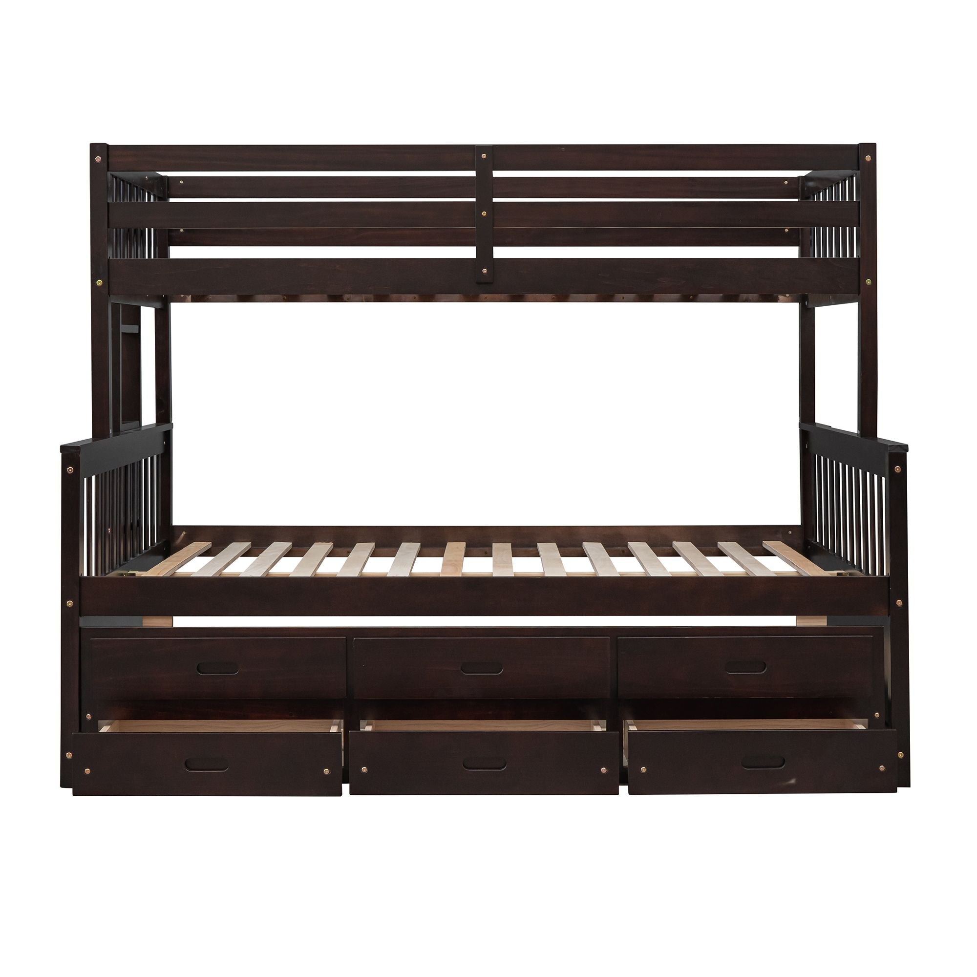 Space-Saving Twin-Over-Full Wood Bunk Bed with Trundle, 3 Drawers, White/Gray/Espresso | Just Better Bunk Beds