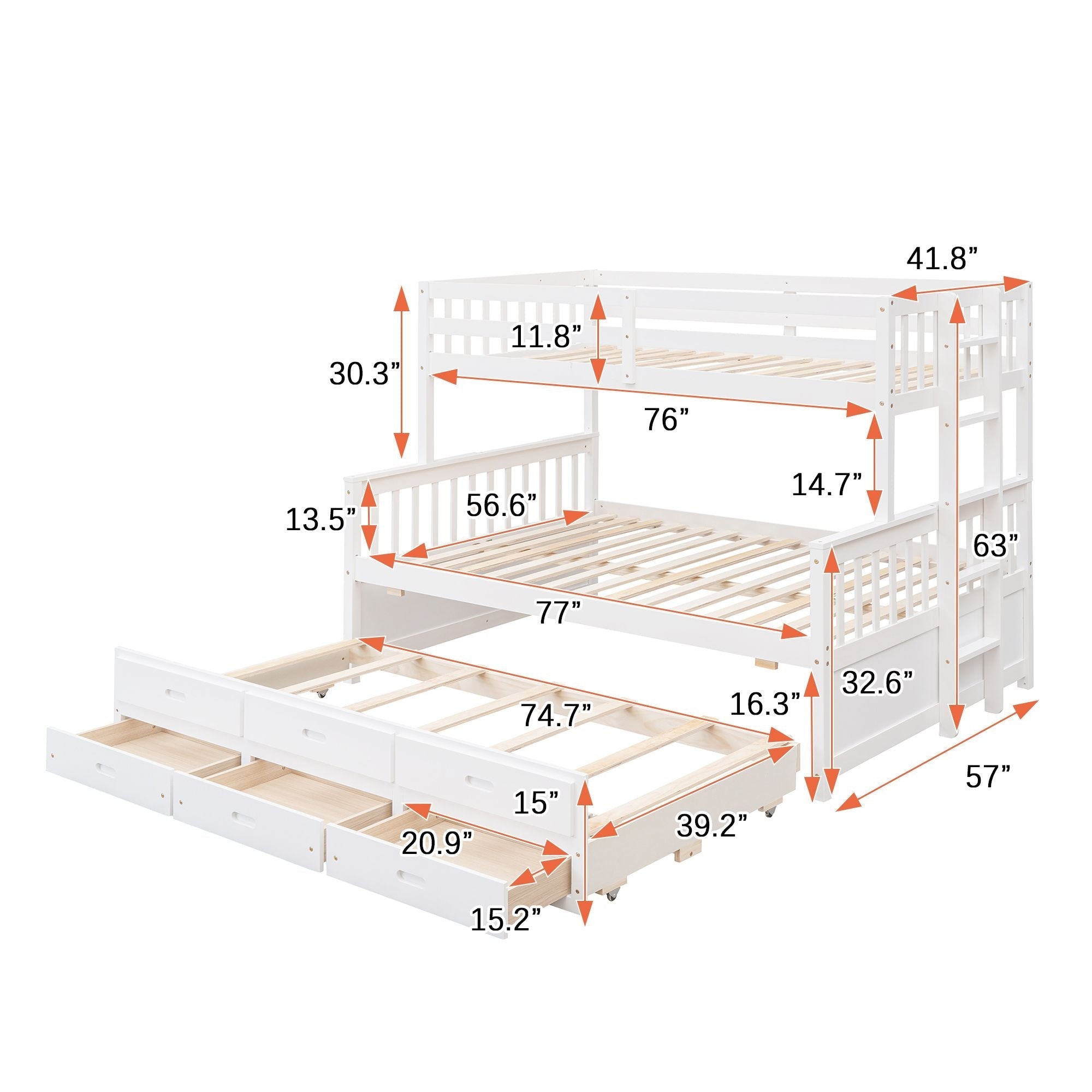 Space-Saving Twin-Over-Full Wood Bunk Bed with Trundle, 3 Drawers, White/Gray/Espresso | Just Better Bunk Beds