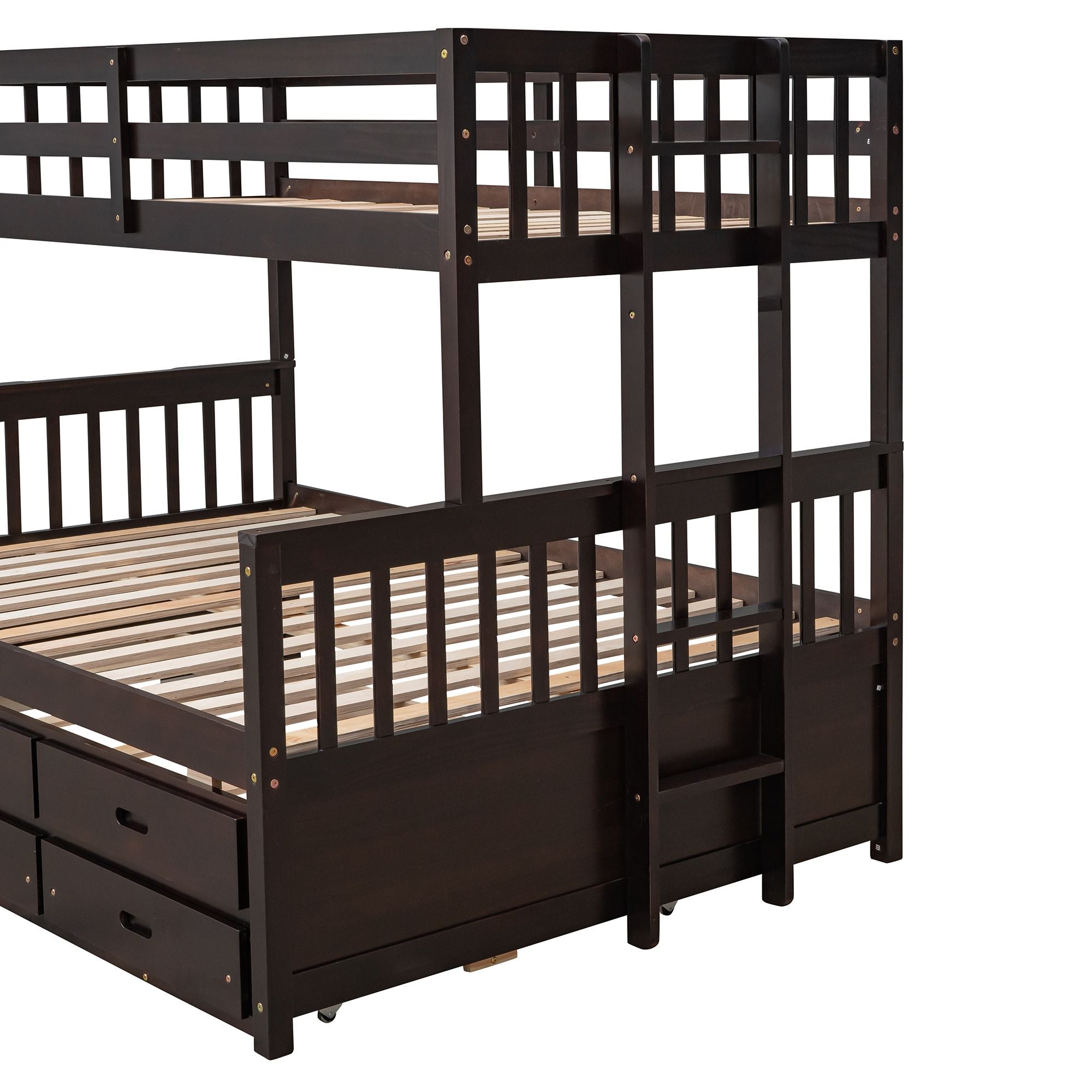 Space-Saving Twin-Over-Full Wood Bunk Bed with Trundle, 3 Drawers, White/Gray/Espresso | Just Better Bunk Beds