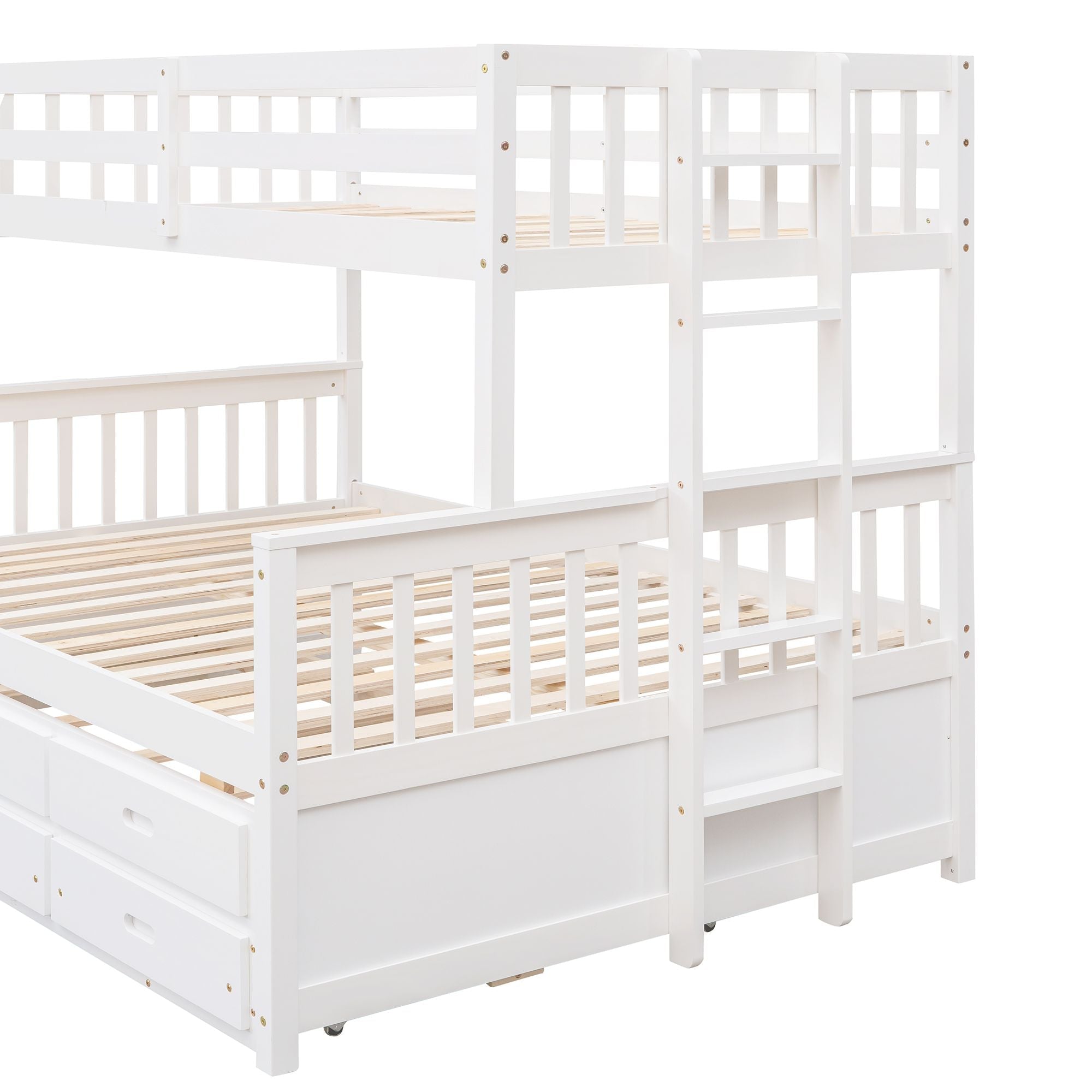 Space-Saving Twin-Over-Full Wood Bunk Bed with Trundle, 3 Drawers, White/Gray/Espresso | Just Better Bunk Beds