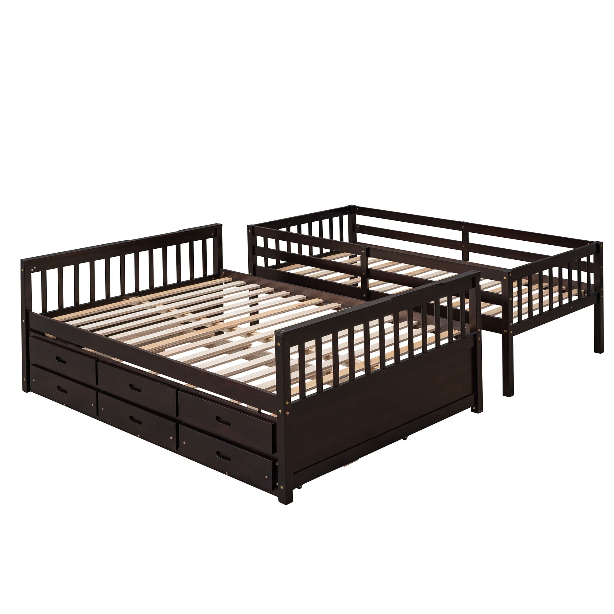 Space-Saving Twin-Over-Full Wood Bunk Bed with Trundle, 3 Drawers, White/Gray/Espresso | Just Better Bunk Beds