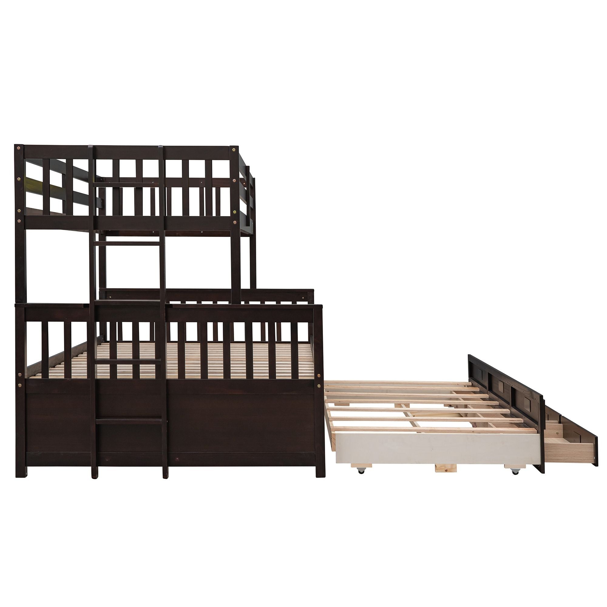 Space-Saving Twin-Over-Full Wood Bunk Bed with Trundle, 3 Drawers, White/Gray/Espresso | Just Better Bunk Beds