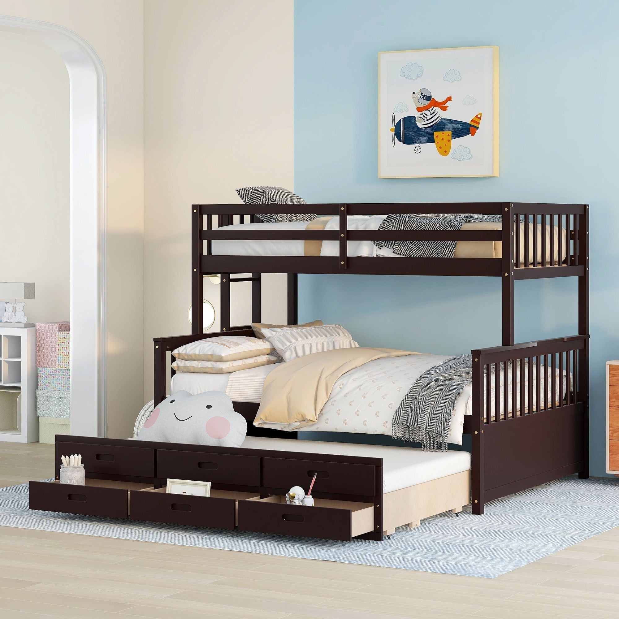 Space-Saving Twin Over Full Wood Bunk Bed with Trundle and 3 Drawers, White | Just Better Bunk Beds