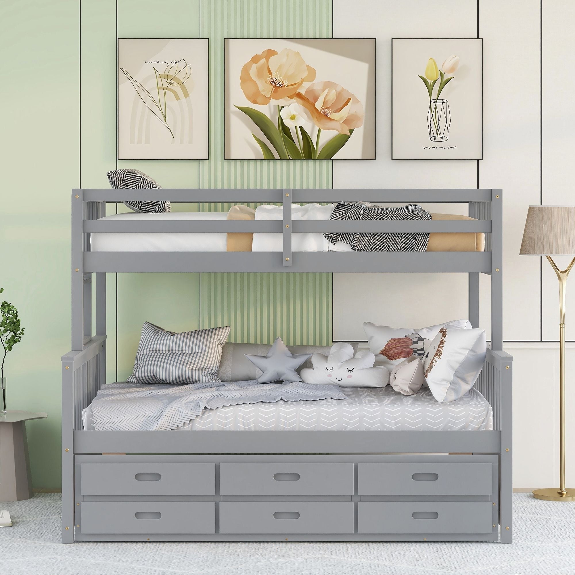 Space-Saving Twin Over Full Wood Bunk Bed with Trundle and 3 Drawers, White | Just Better Bunk Beds