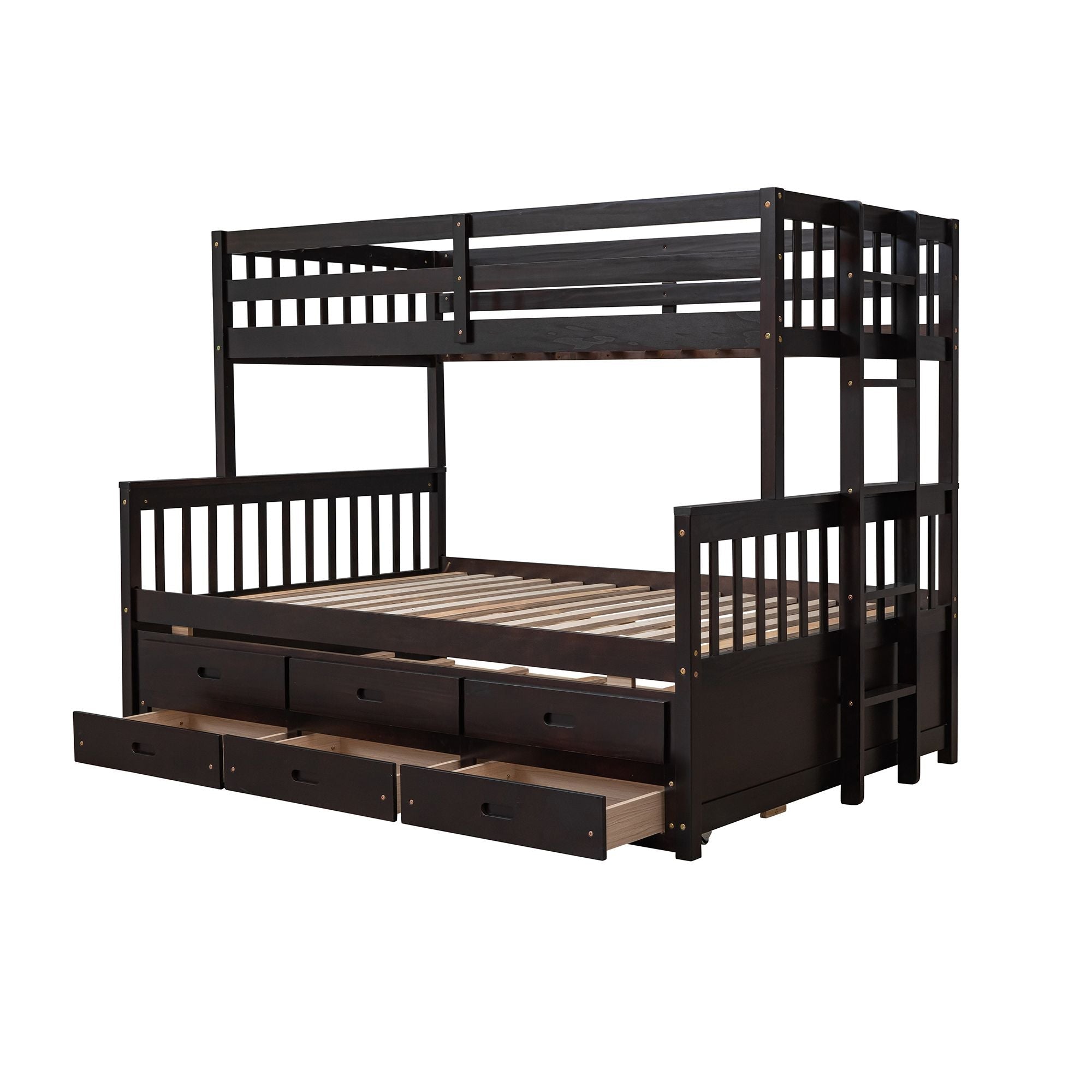 Space-Saving Twin Over Full Wood Bunk Bed with Trundle and 3 Drawers, White | Just Better Bunk Beds
