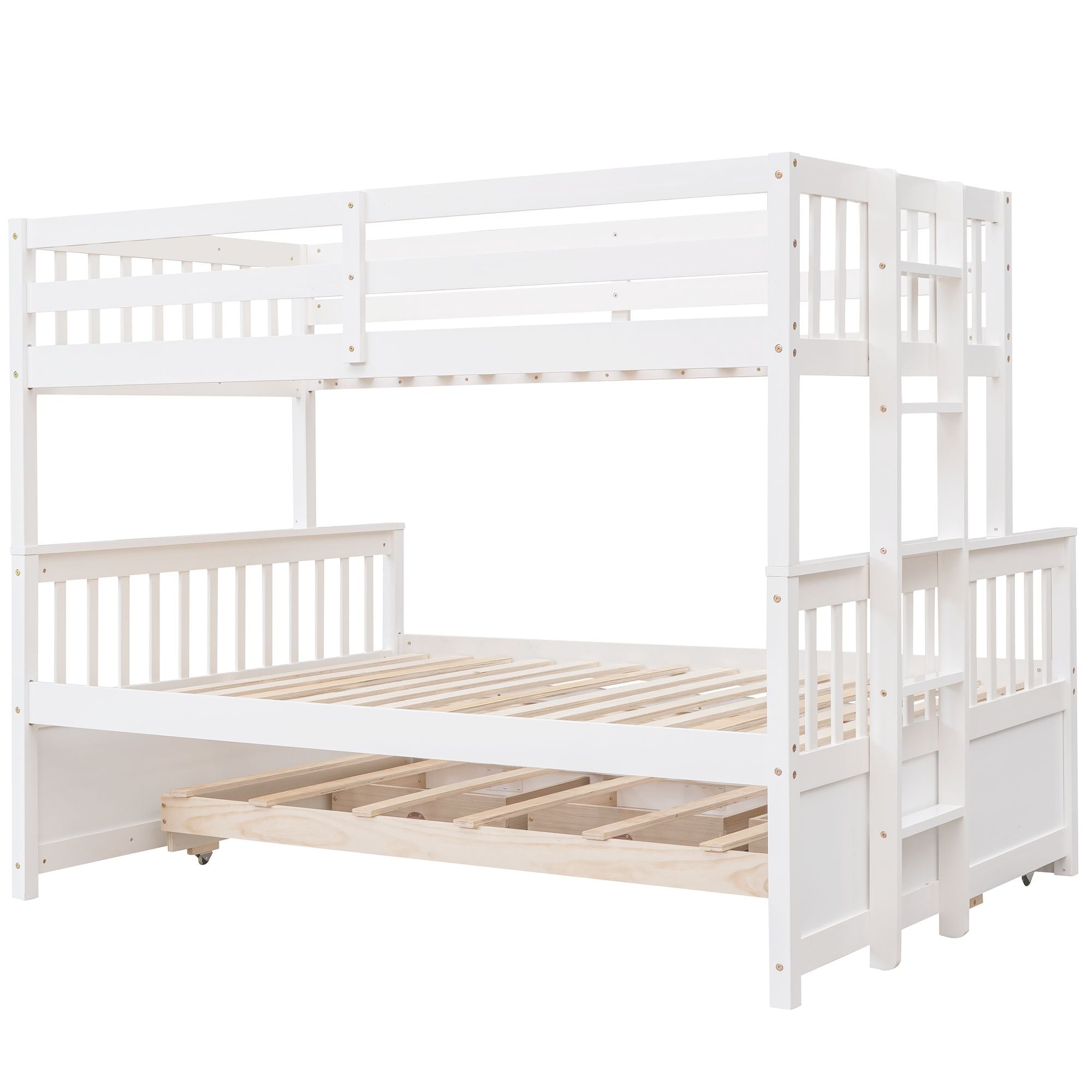 Space-Saving Twin Over Full Wood Bunk Bed with Trundle and 3 Drawers, White | Just Better Bunk Beds