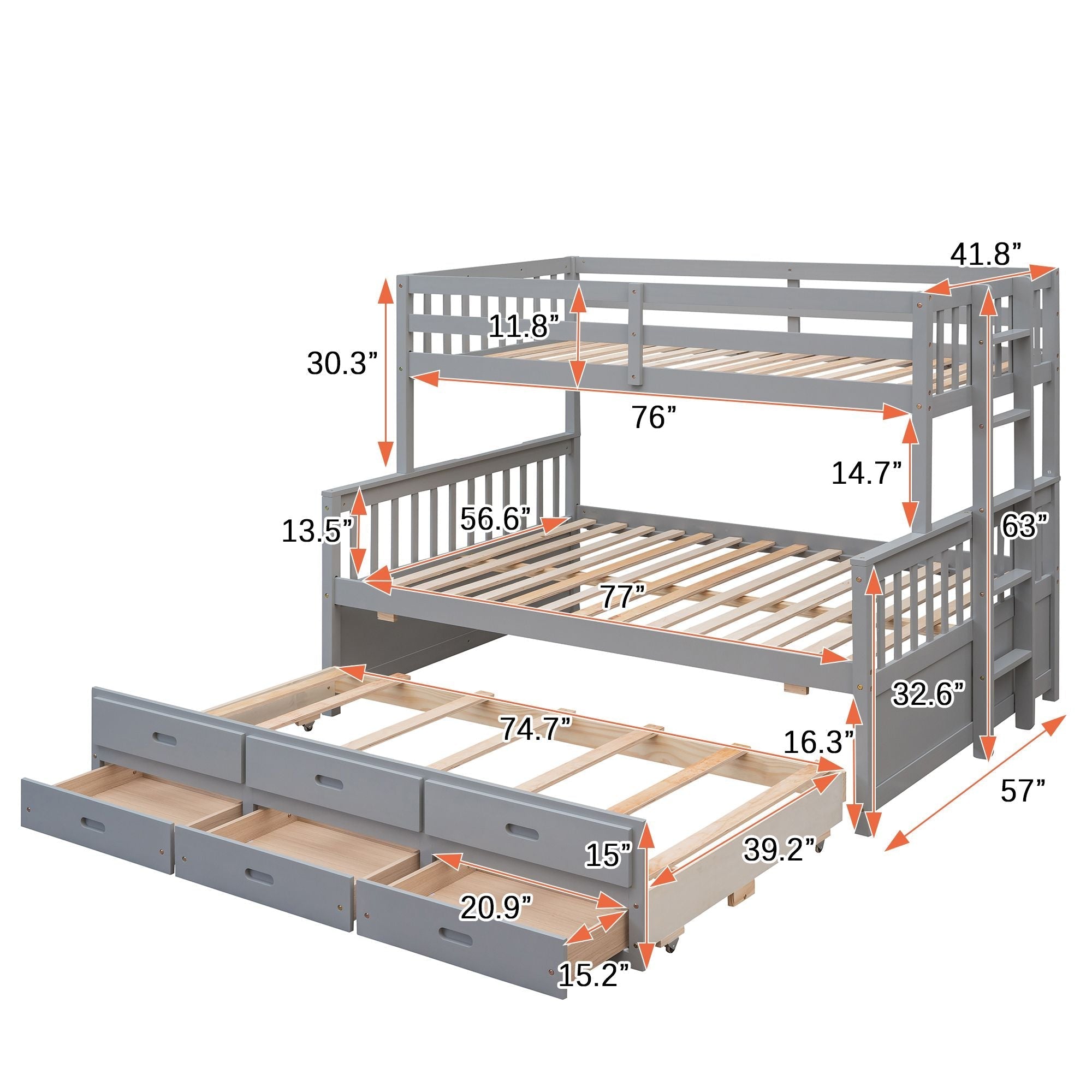 Space-Saving Twin Over Full Wood Bunk Bed with Trundle and 3 Drawers, White | Just Better Bunk Beds