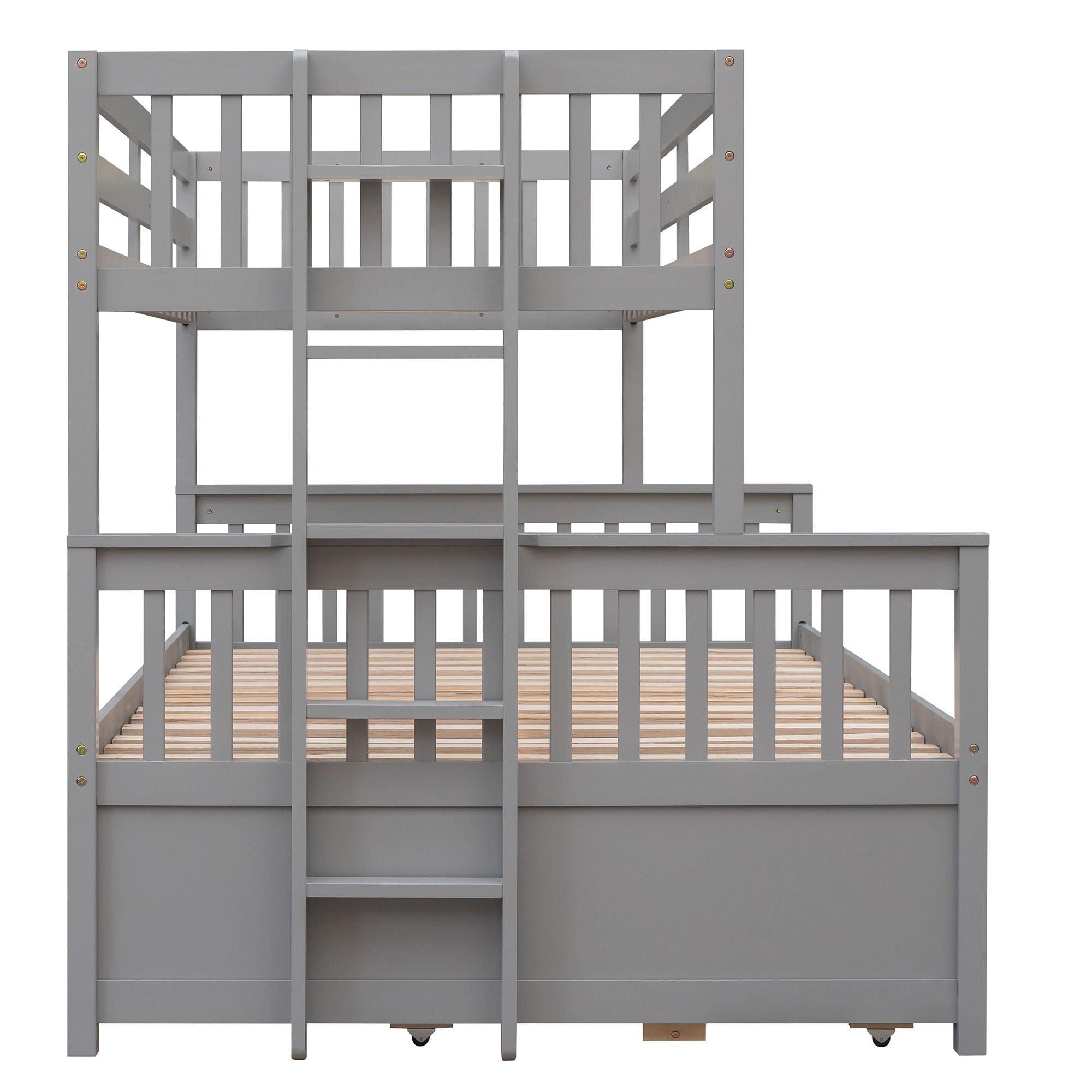 Space-Saving Twin Over Full Wood Bunk Bed with Trundle and 3 Drawers, White | Just Better Bunk Beds