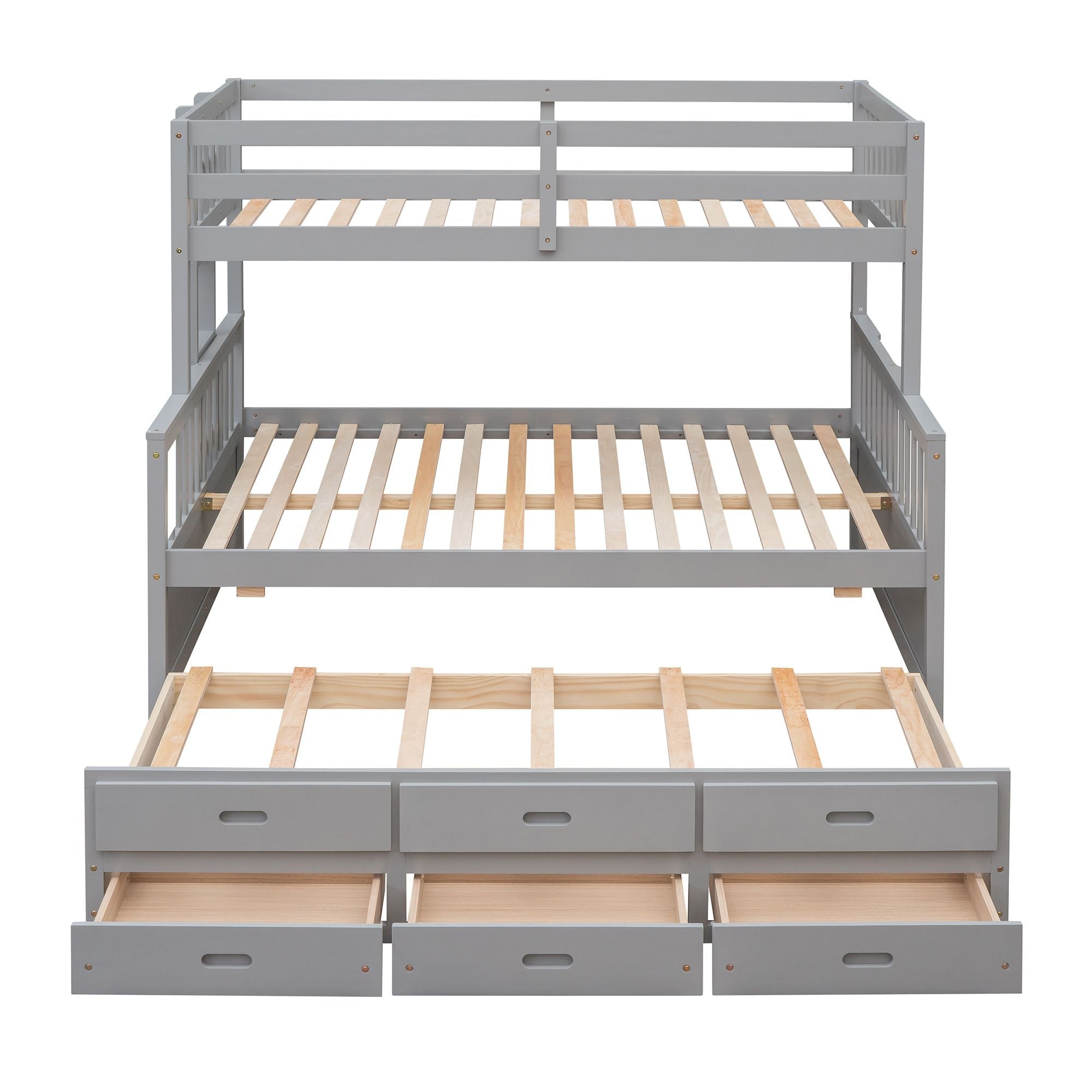 Space-Saving Twin Over Full Wood Bunk Bed with Trundle and 3 Drawers, White | Just Better Bunk Beds