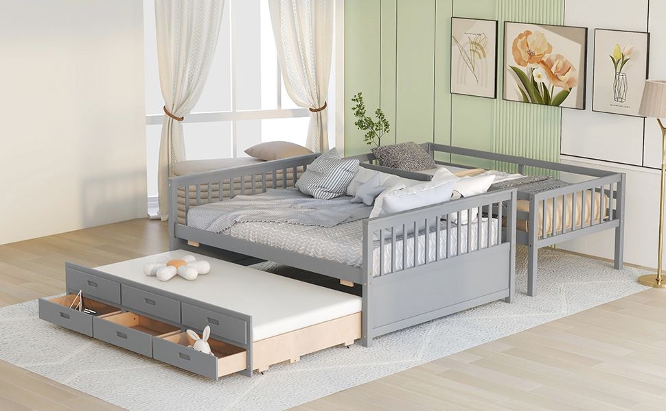 Space-Saving Twin Over Full Wood Bunk Bed with Trundle and 3 Drawers, White | Just Better Bunk Beds