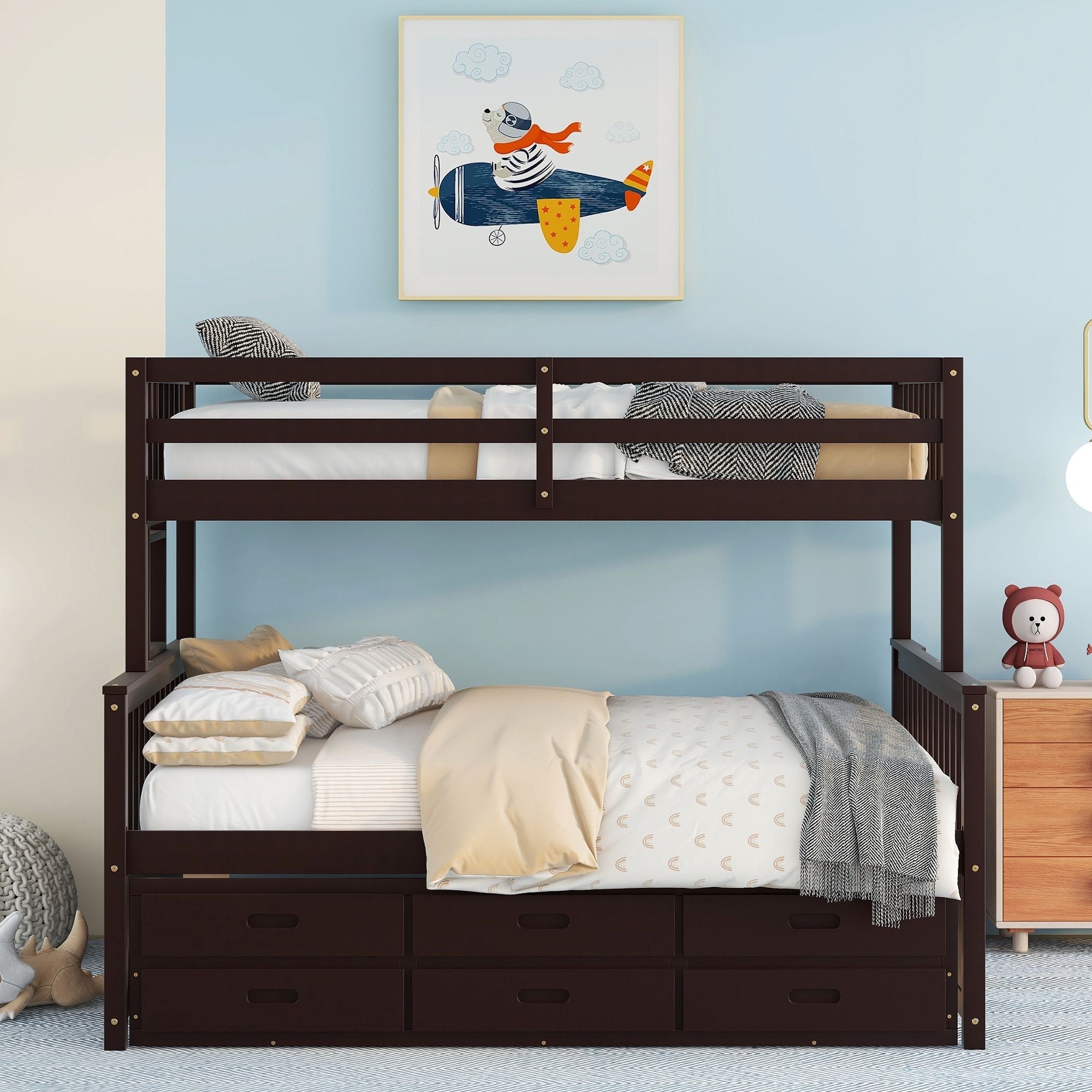 Space-Saving Twin Over Full Wood Bunk Bed with Trundle and 3 Drawers, White | Just Better Bunk Beds