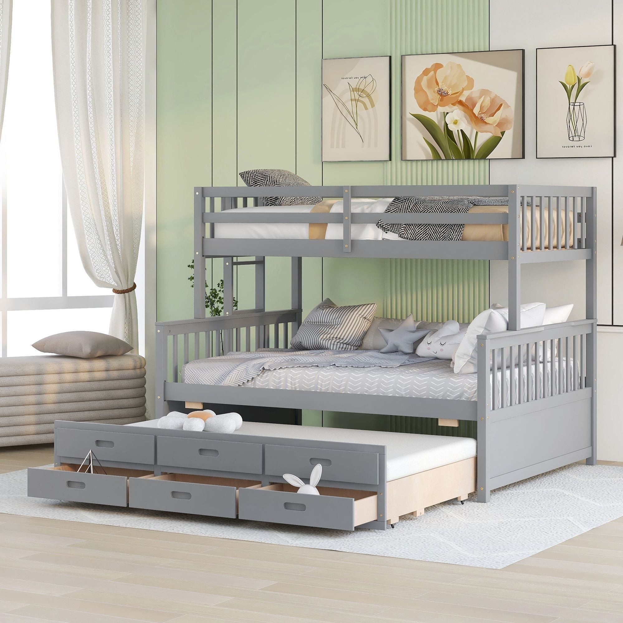Space-Saving Twin Over Full Wood Bunk Bed with Trundle and 3 Drawers, White | Just Better Bunk Beds