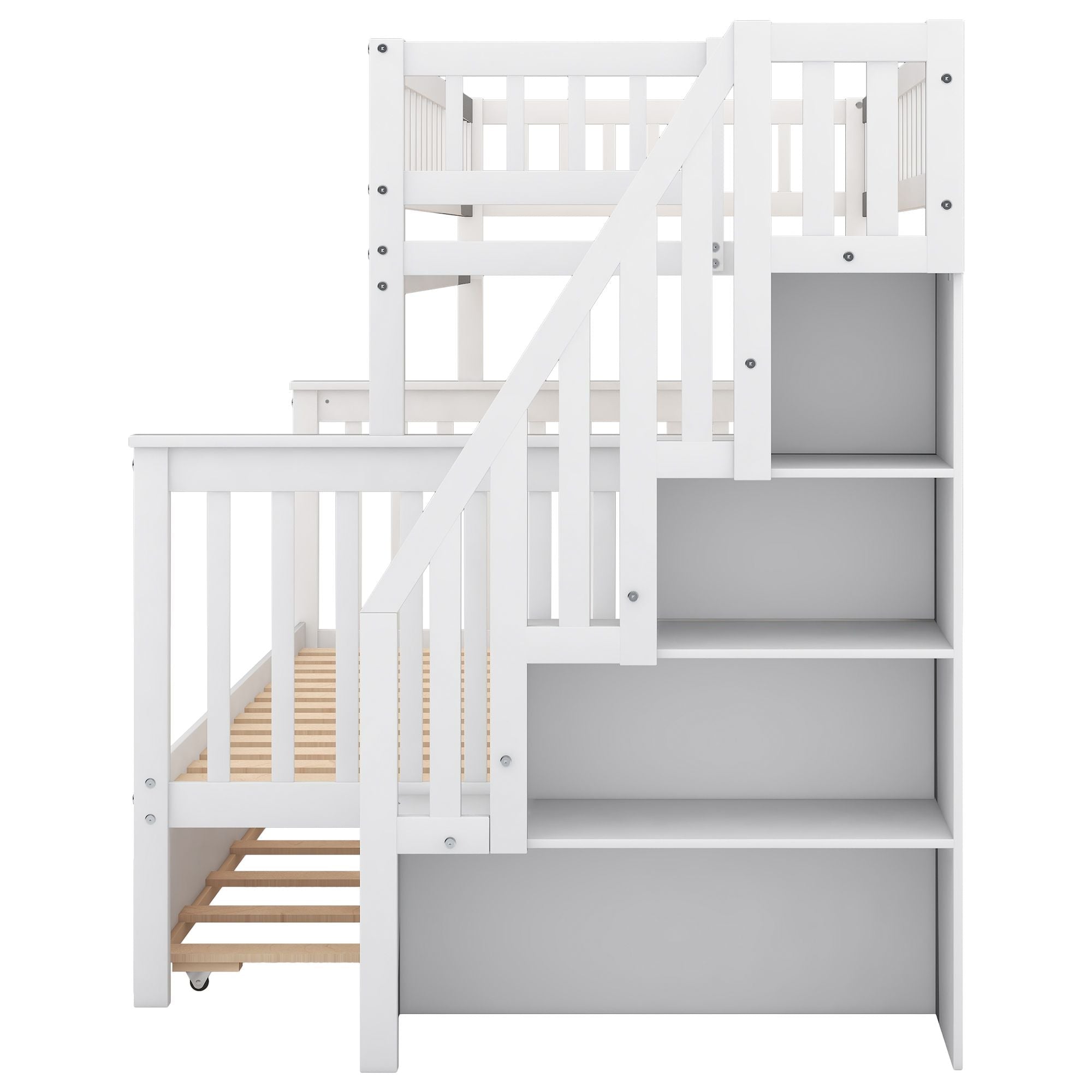 Space-Saving Twin Over Full Wood Bunk Bed with Trundle and Storage Staircase in White | Just Better Bunk Beds