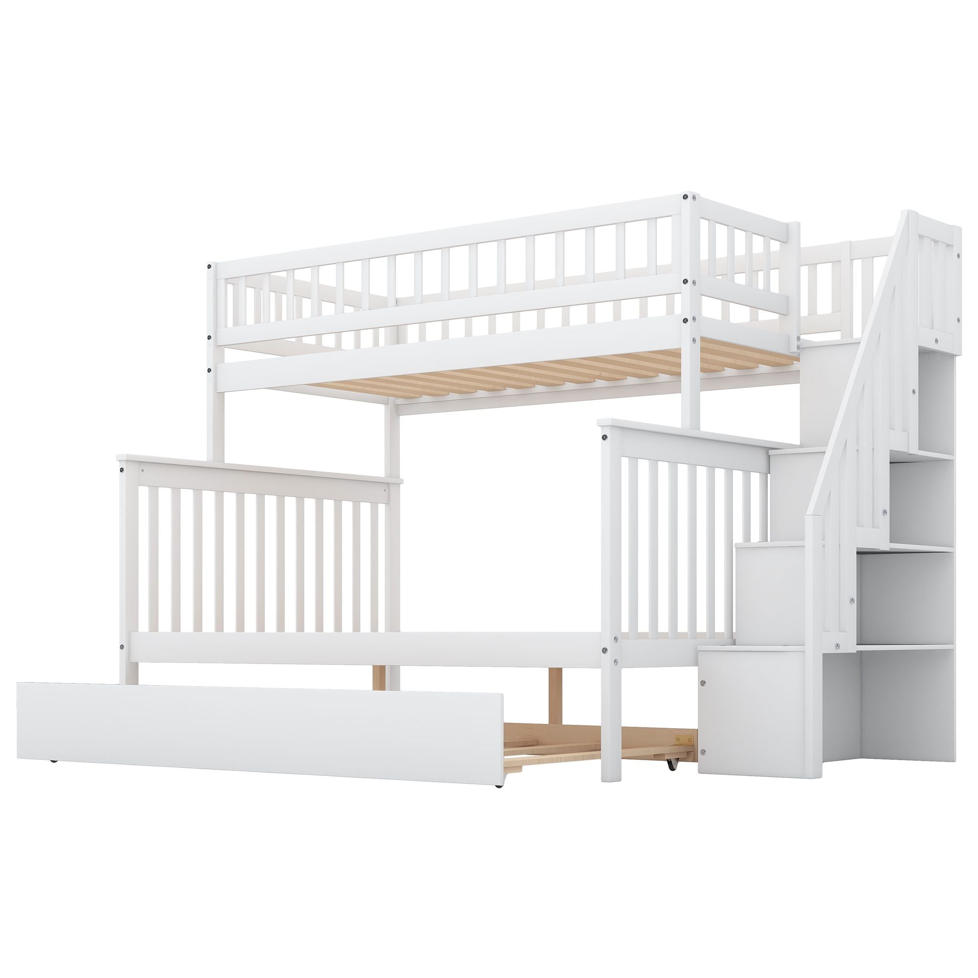 Space-Saving Twin Over Full Wood Bunk Bed with Trundle and Storage Staircase in White | Just Better Bunk Beds