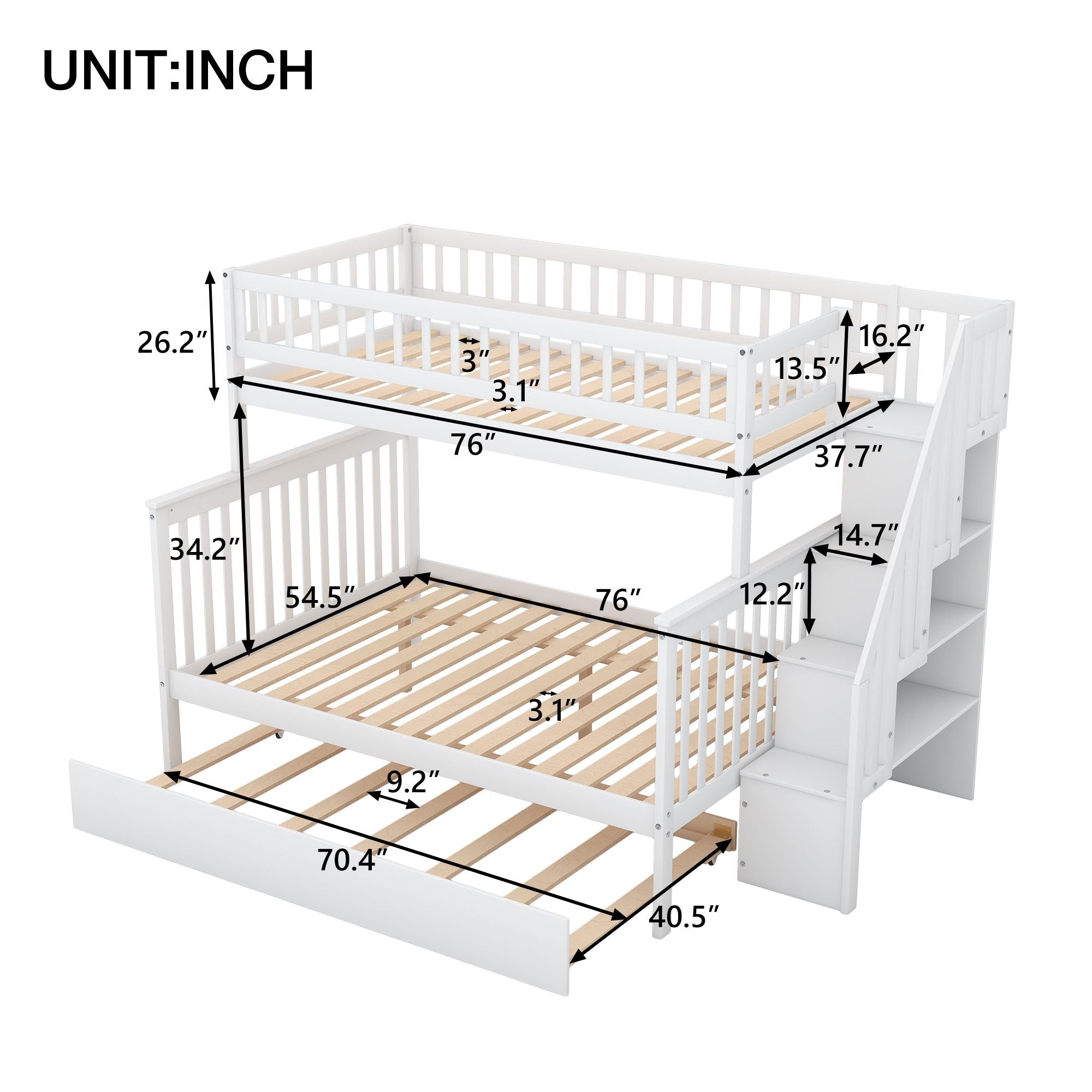 Space-Saving Twin Over Full Wood Bunk Bed with Trundle and Storage Staircase in White | Just Better Bunk Beds
