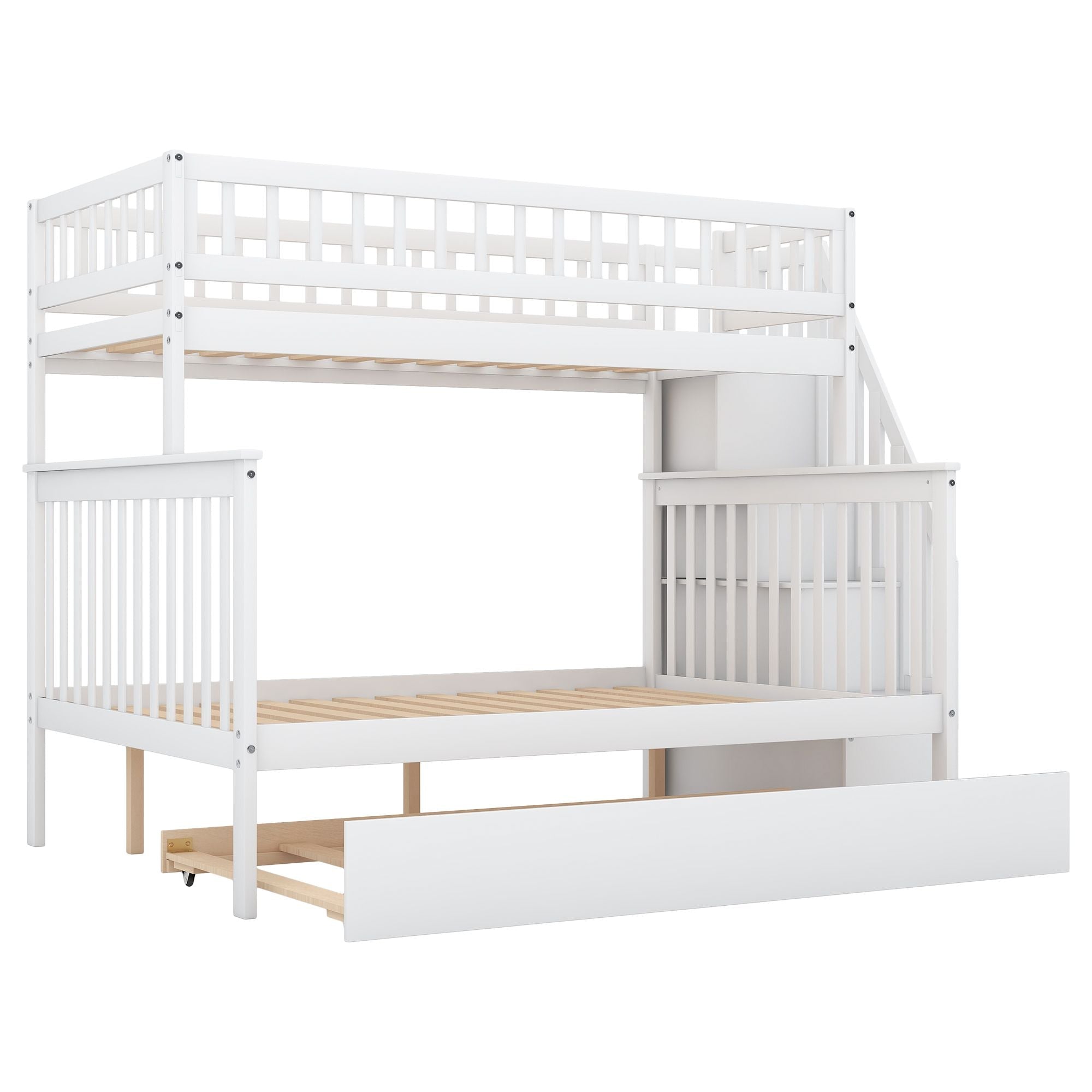 Space-Saving Twin Over Full Wood Bunk Bed with Trundle and Storage Staircase in White | Just Better Bunk Beds