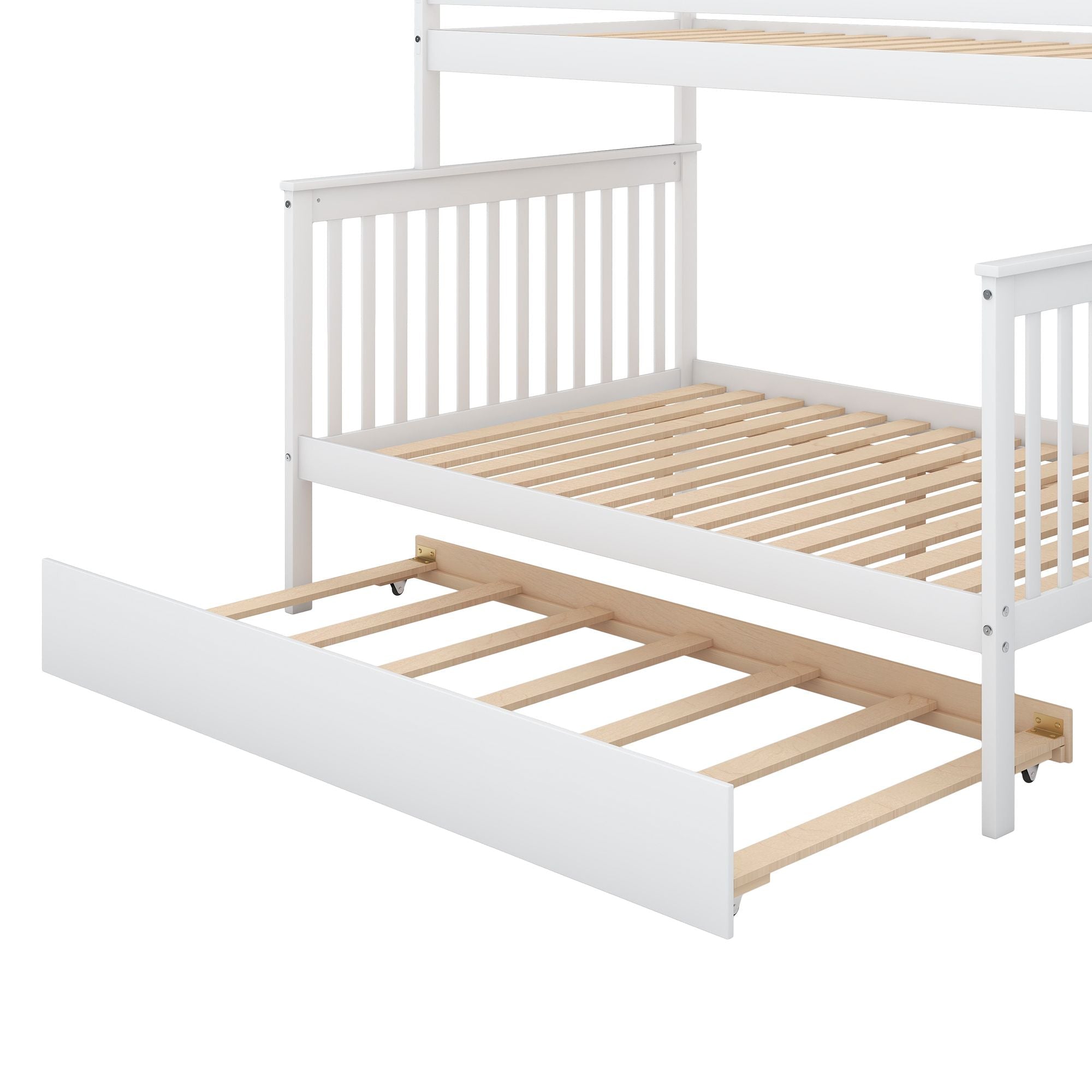 Space-Saving Twin Over Full Wood Bunk Bed with Trundle and Storage Staircase in White | Just Better Bunk Beds