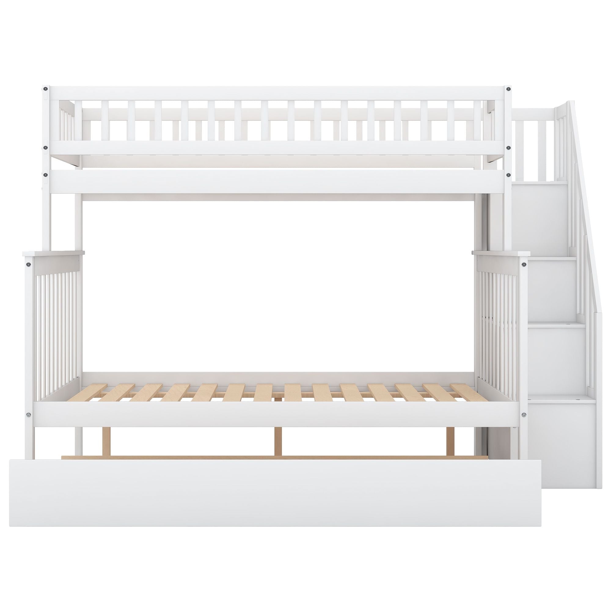 Space-Saving Twin Over Full Wood Bunk Bed with Trundle and Storage Staircase in White | Just Better Bunk Beds