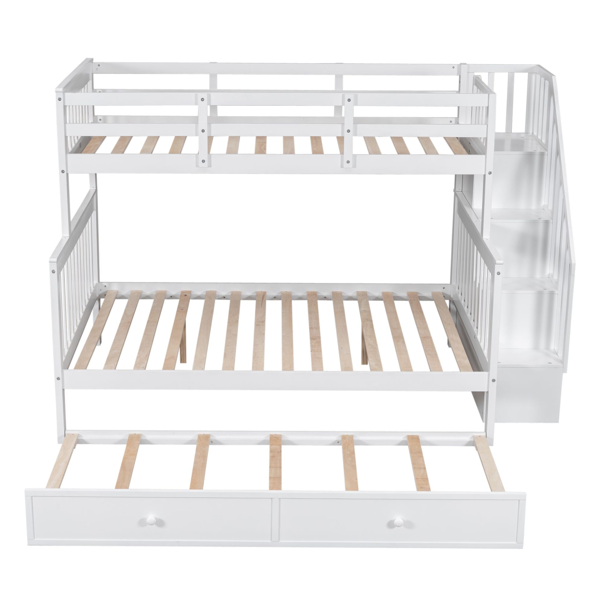 Space-Saving Twin Over Full Wood Bunk Bed with Twin Trundle, Storage, and Guard Rails in White | Just Better Bunk Beds