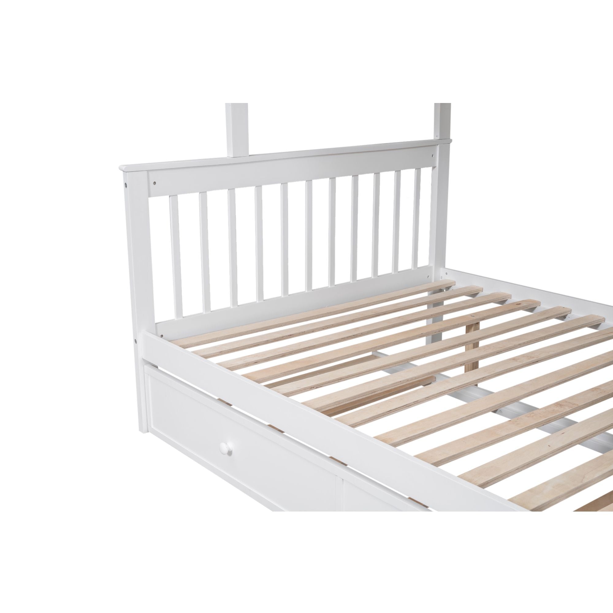 Space-Saving Twin Over Full Wood Bunk Bed with Twin Trundle, Storage, and Guard Rails in White | Just Better Bunk Beds