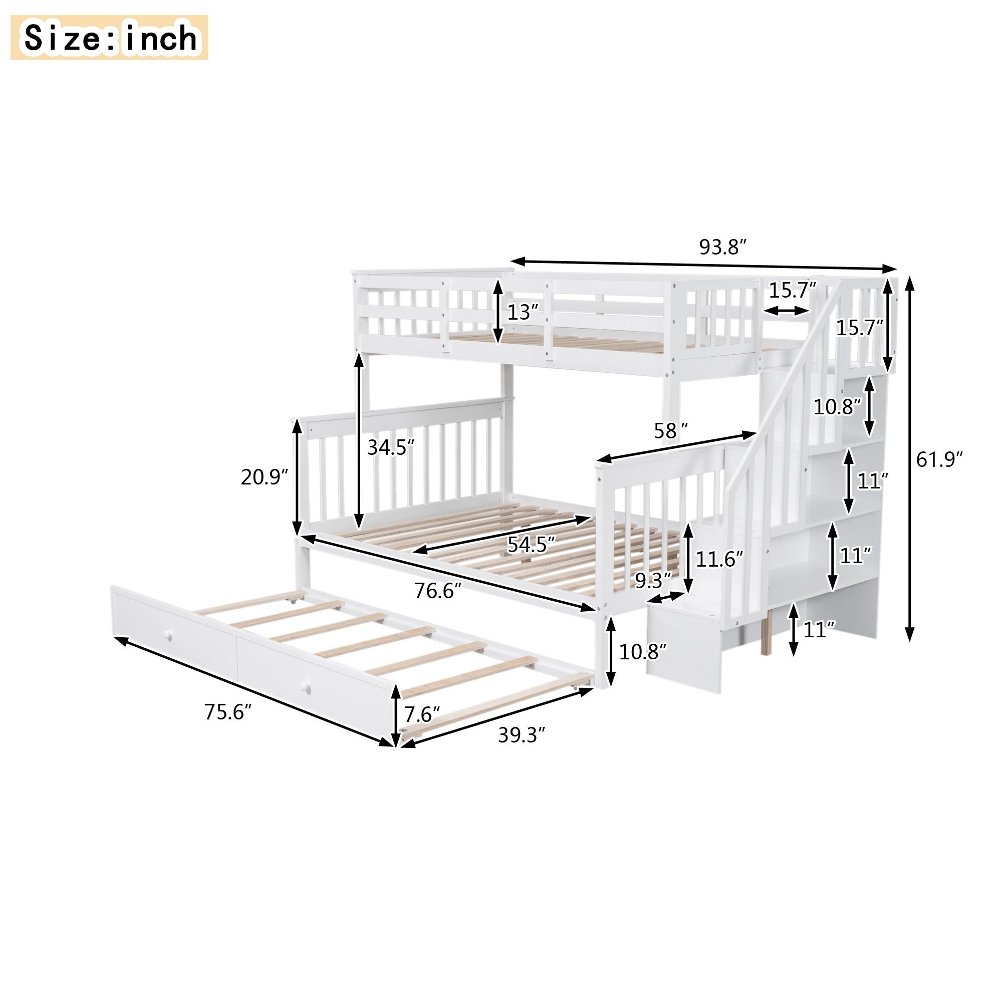 Space-Saving Twin Over Full Wood Bunk Bed with Twin Trundle, Storage, and Guard Rails in White | Just Better Bunk Beds