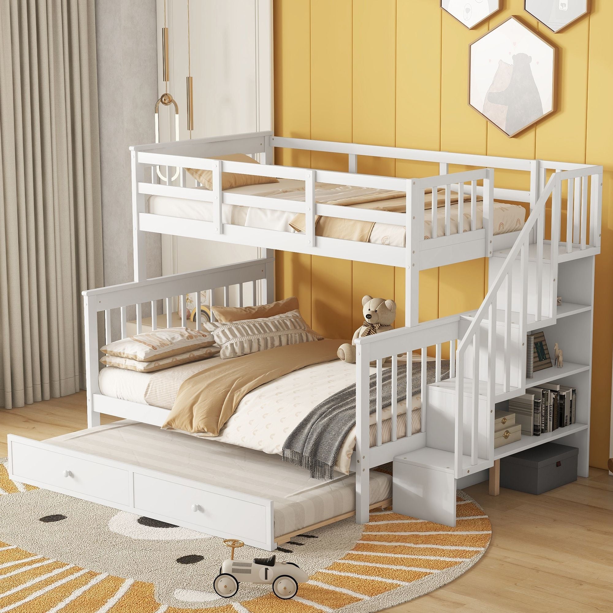 Space-Saving Twin Over Full Wood Bunk Bed with Twin Trundle, Storage, and Guard Rails in White | Just Better Bunk Beds