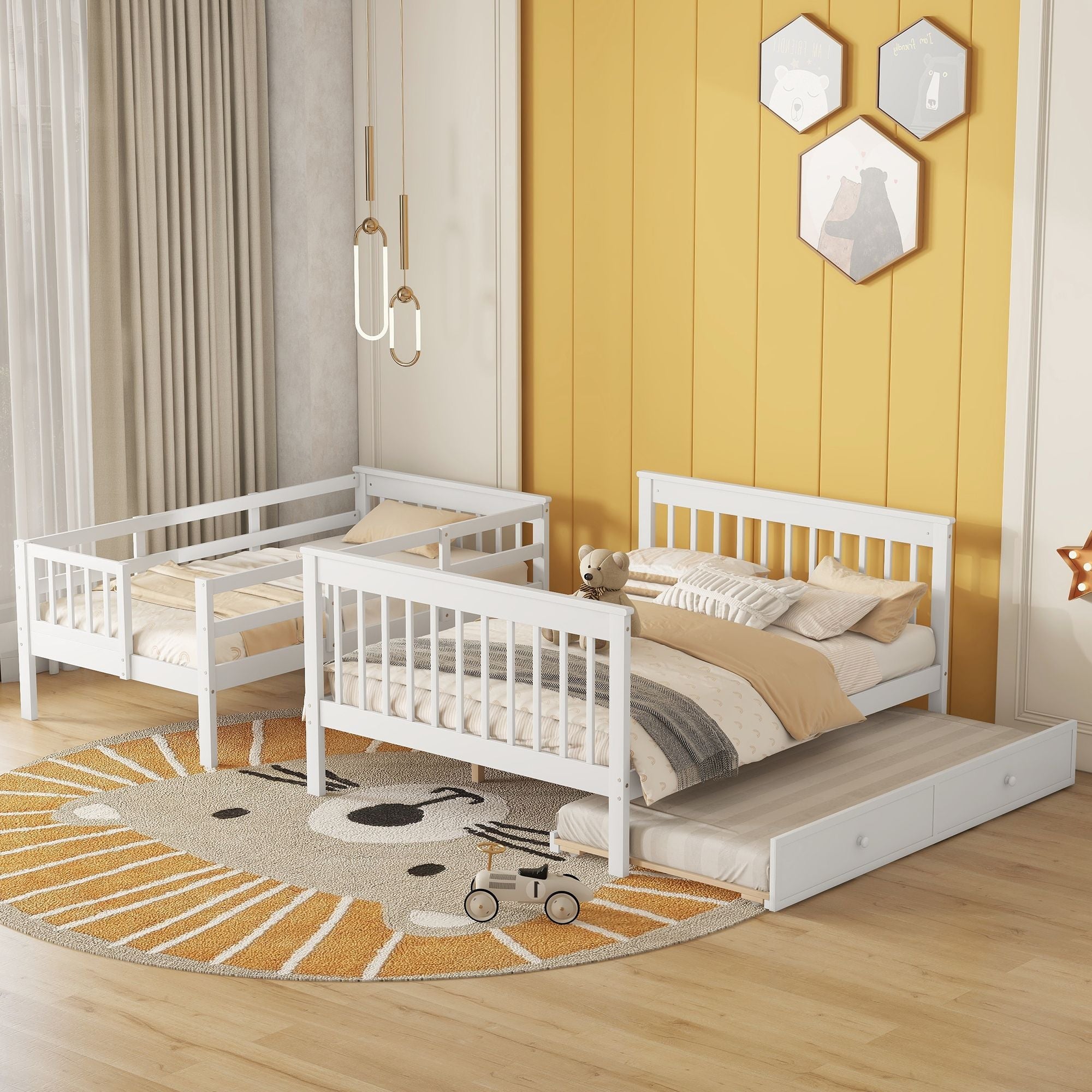 Space-Saving Twin Over Full Wood Bunk Bed with Twin Trundle, Storage, and Guard Rails in White | Just Better Bunk Beds