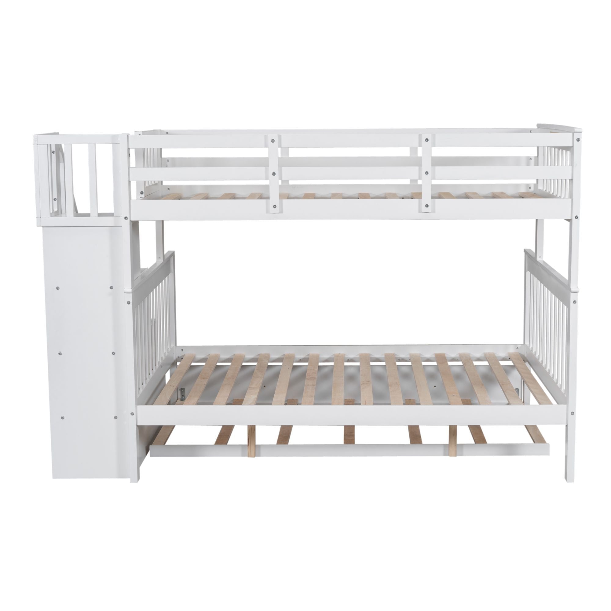 Space-Saving Twin Over Full Wood Bunk Bed with Twin Trundle, Storage, and Guard Rails in White | Just Better Bunk Beds