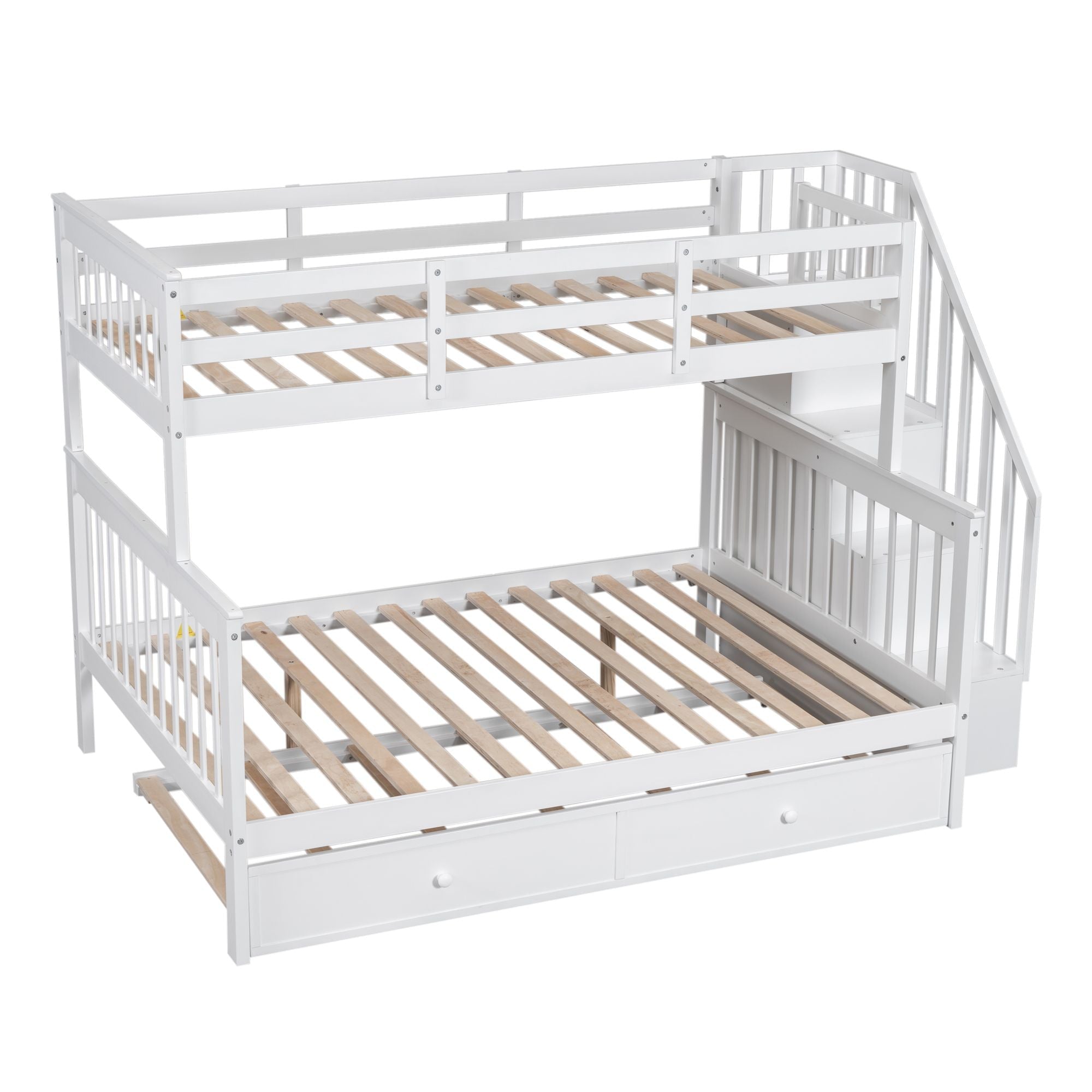 Space-Saving Twin Over Full Wood Bunk Bed with Twin Trundle, Storage, and Guard Rails in White | Just Better Bunk Beds