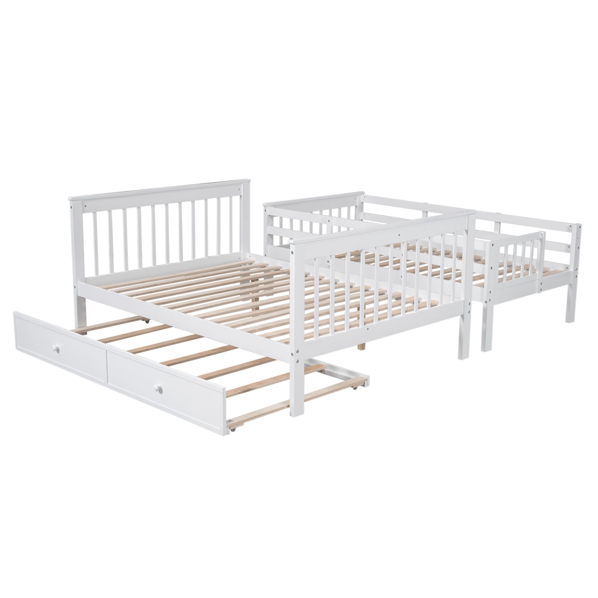 Space-Saving Twin Over Full Wood Bunk Bed with Twin Trundle, Storage, and Guard Rails in White | Just Better Bunk Beds